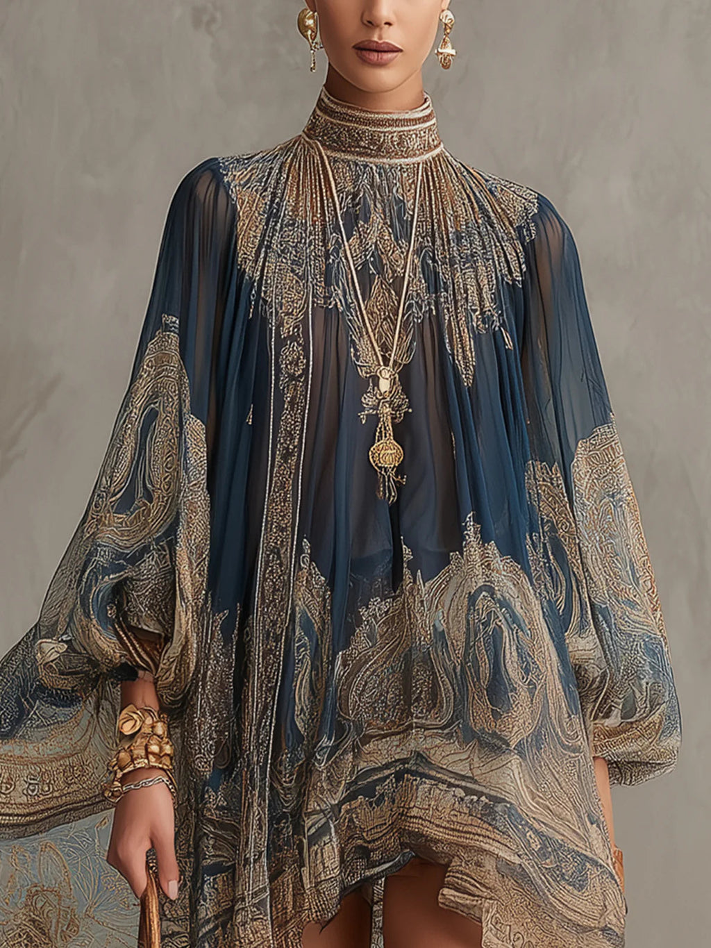 Bérénice | Vestido Mini Azul Marino de Muselina Asimétrico con Estampado Barroco y Cuello Alto