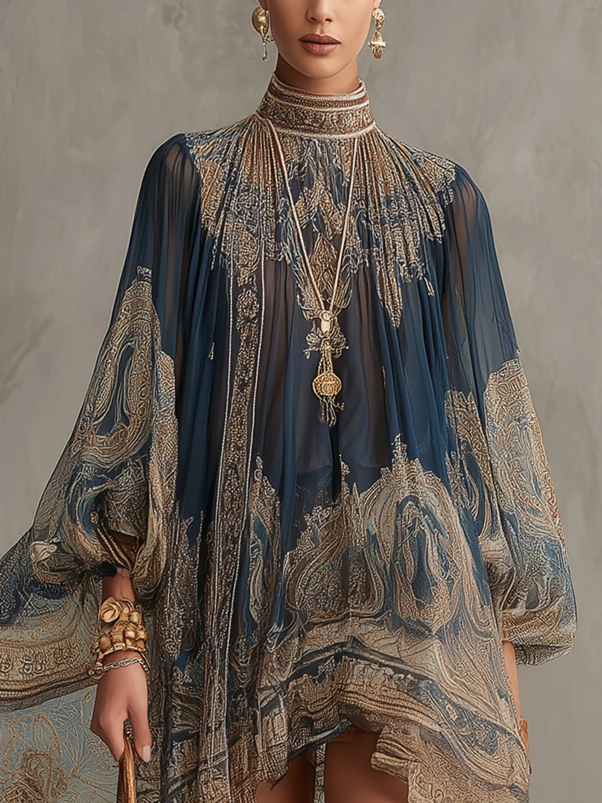 Bérénice | Vestido Mini Azul Marino de Muselina Asimétrico con Estampado Barroco y Cuello Alto