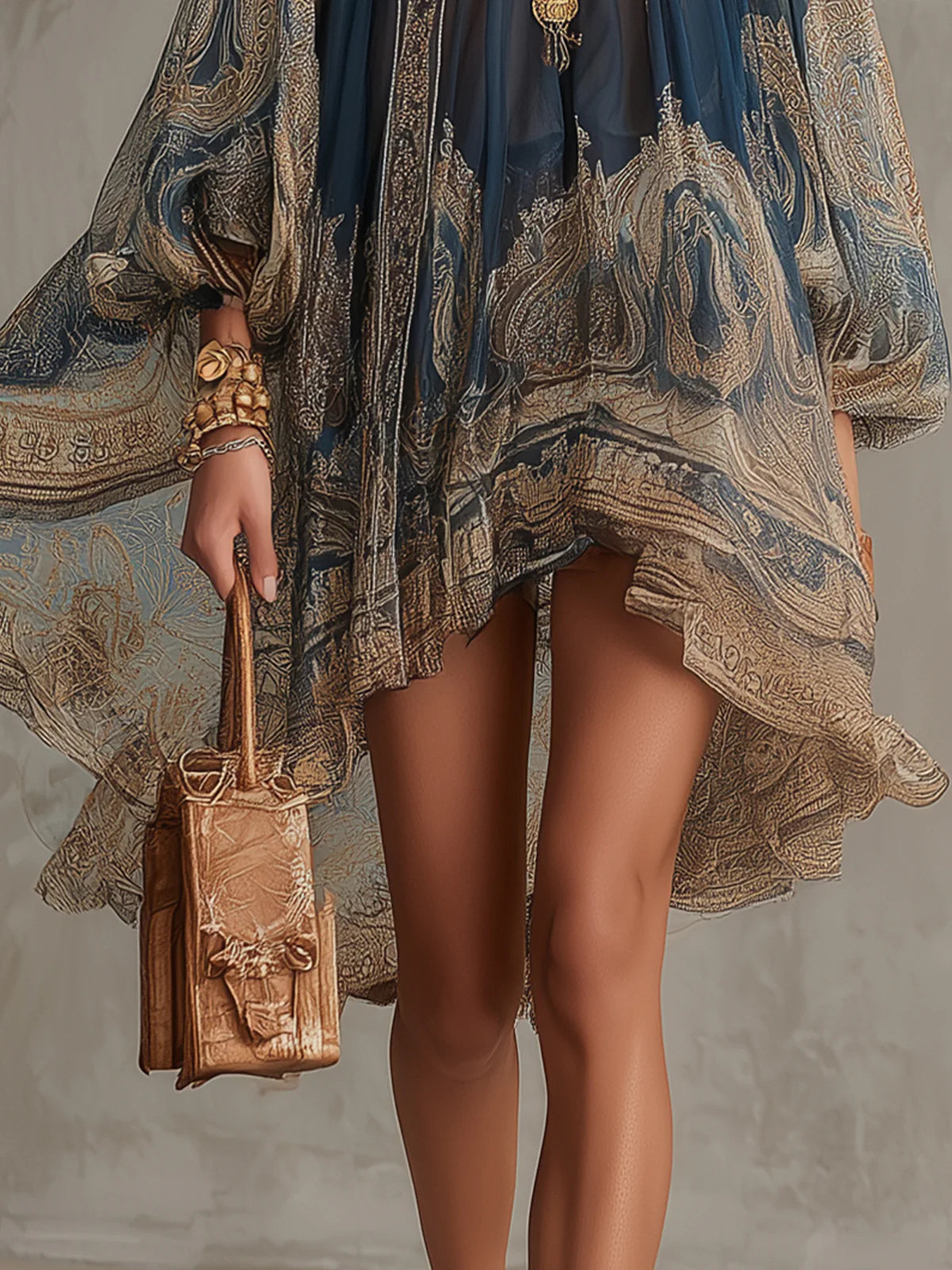 Bérénice | Vestido Mini Azul Marino de Muselina Asimétrico con Estampado Barroco y Cuello Alto
