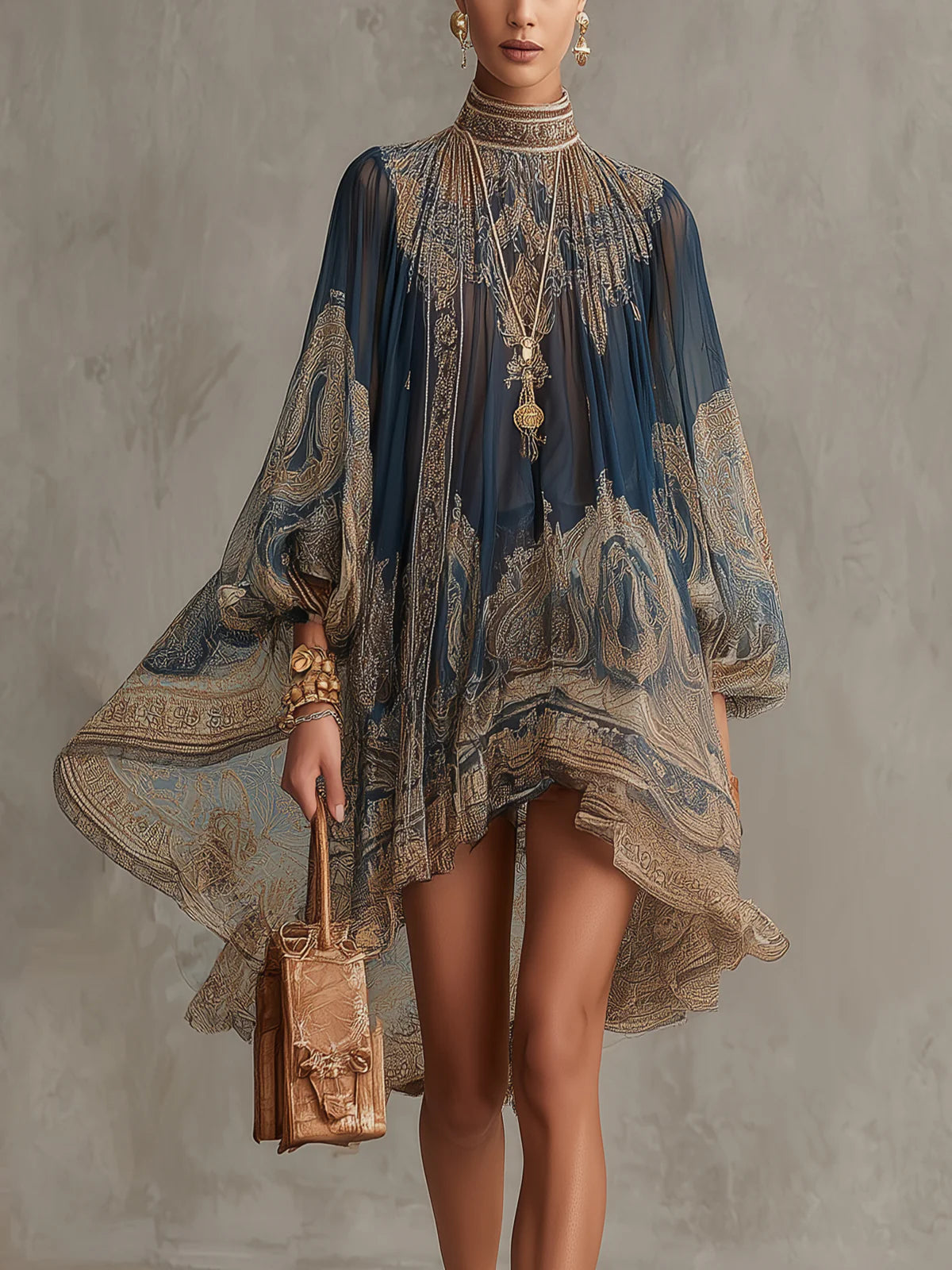 Vestido Mini de Chifón con Estampado Barroco Azul Marino