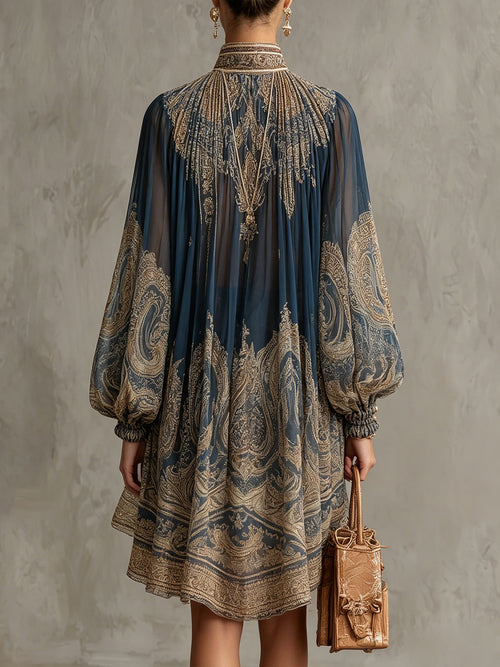 Bérénice | Vestido Mini Azul Marino de Muselina Asimétrico con Estampado Barroco y Cuello Alto