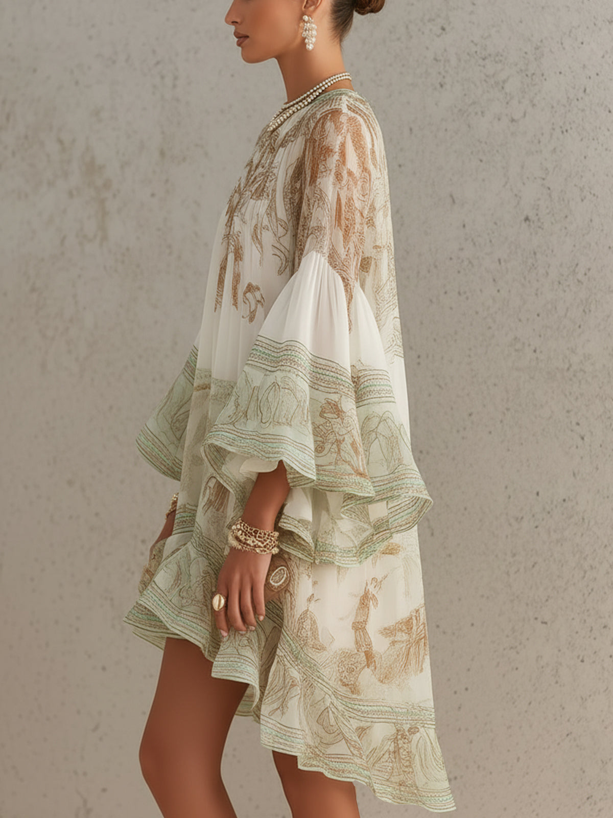 Rosalie | Vestido Mini Verde de Muselina con Mangas de Volantes y Bajo a Rayas