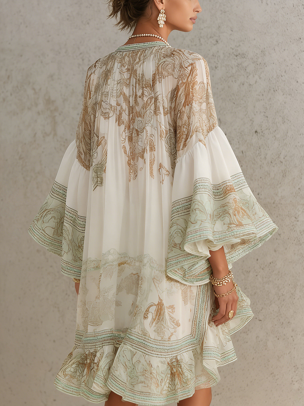 Rosalie | Vestido Mini Verde de Muselina con Mangas de Volantes y Bajo a Rayas