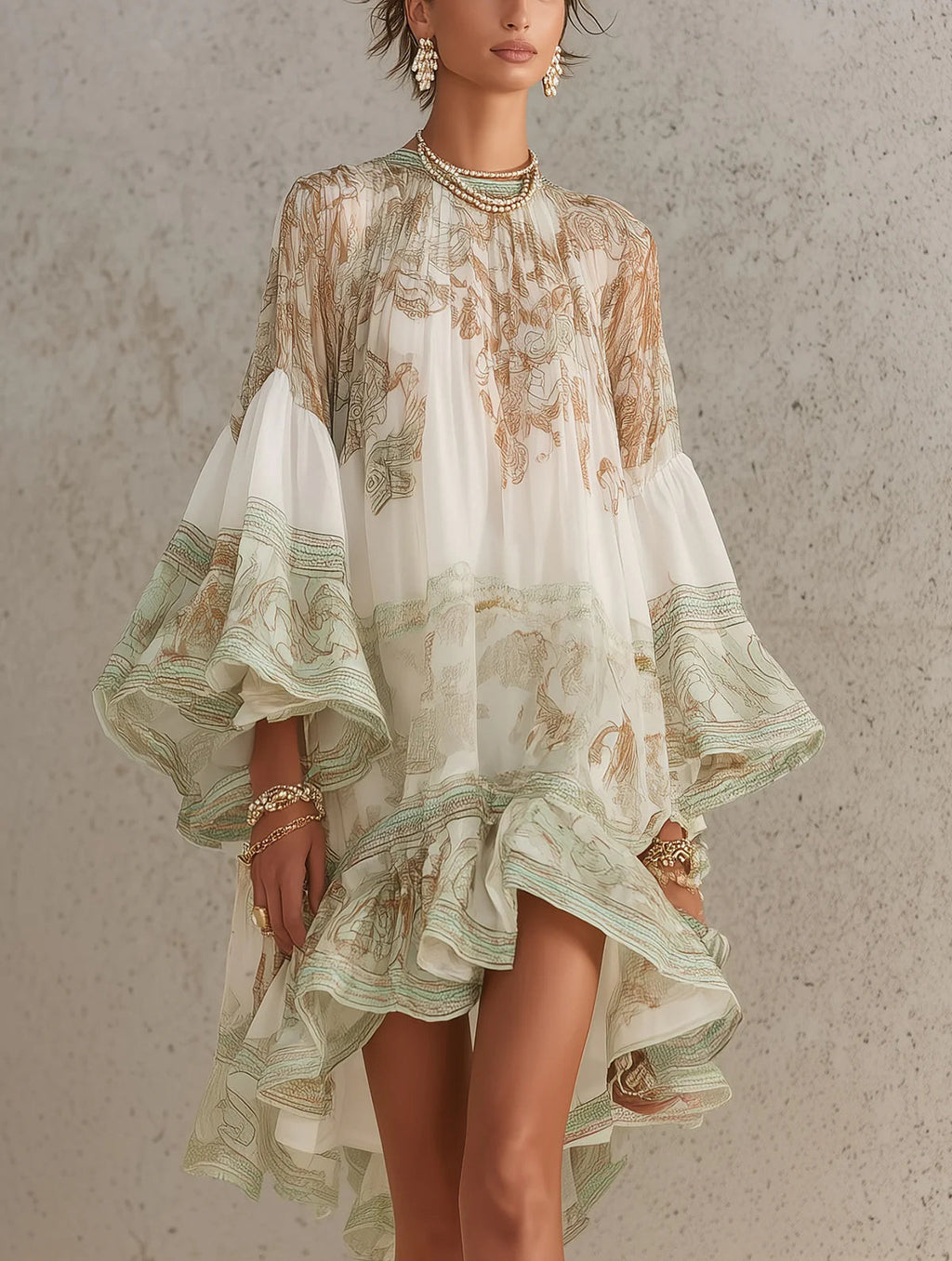 Rosalie | Vestido Mini Verde de Muselina con Mangas de Volantes y Bajo a Rayas