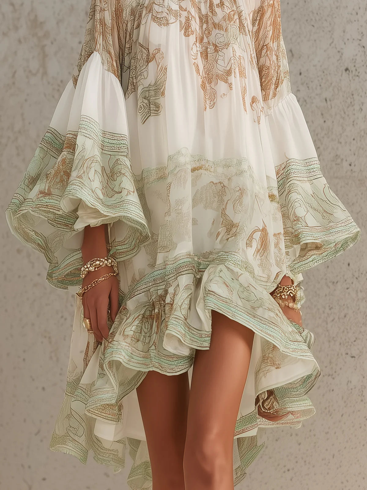 Rosalie | Vestido Mini Verde de Muselina con Mangas de Volantes y Bajo a Rayas