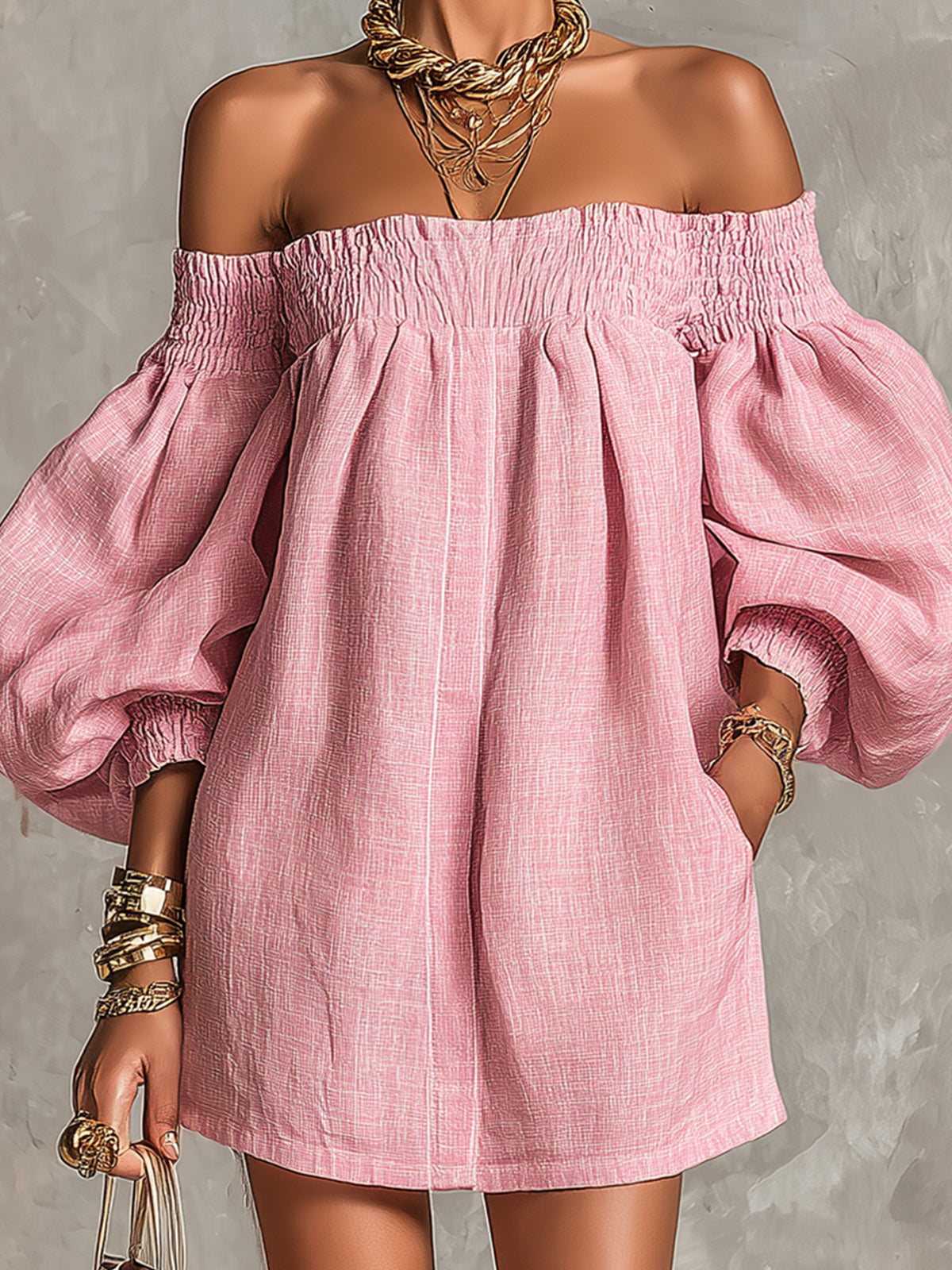 Violette | Vestido Mini Trapecio Rosa con Mangas Farol y Hombros al Descubierto