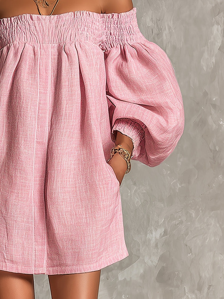 Violette | Vestido Mini Trapecio Rosa con Mangas Farol y Hombros al Descubierto