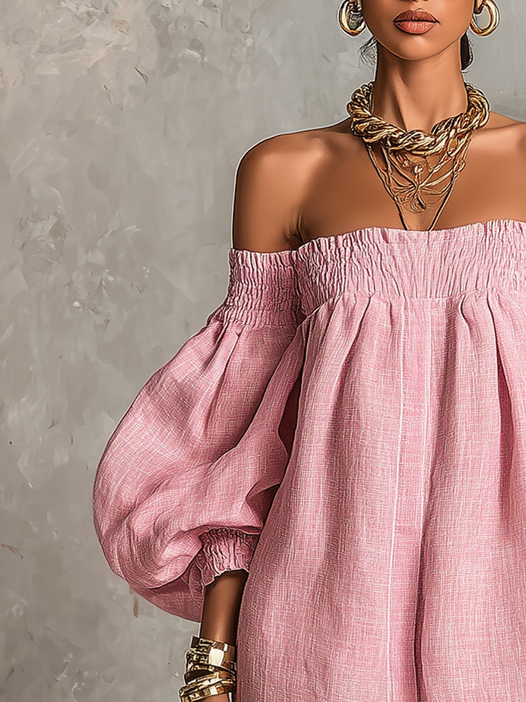 Violette | Vestido Mini Trapecio Rosa con Mangas Farol y Hombros al Descubierto
