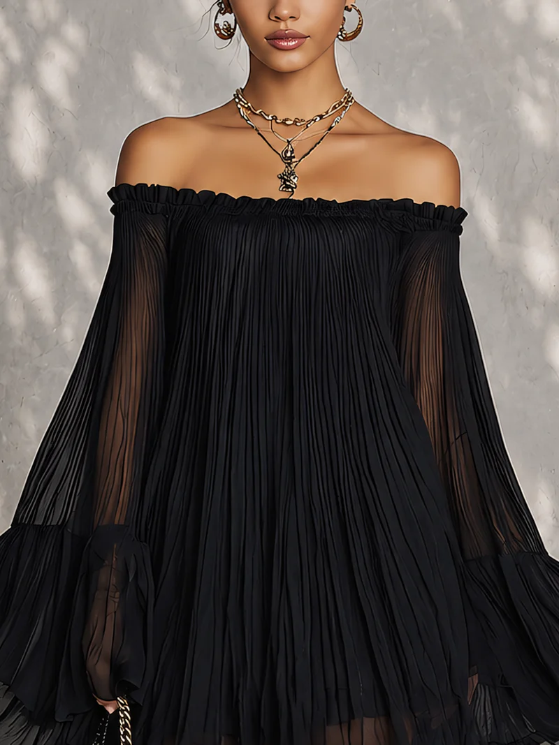 Océane | Vestido Mini Negro de Mangas Campana y Hombros al Descubierto Fruncidos