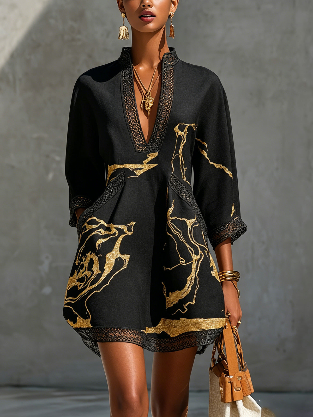 Naomi | Vestido Cruzado en V de Mezcla de Lino - Negro
