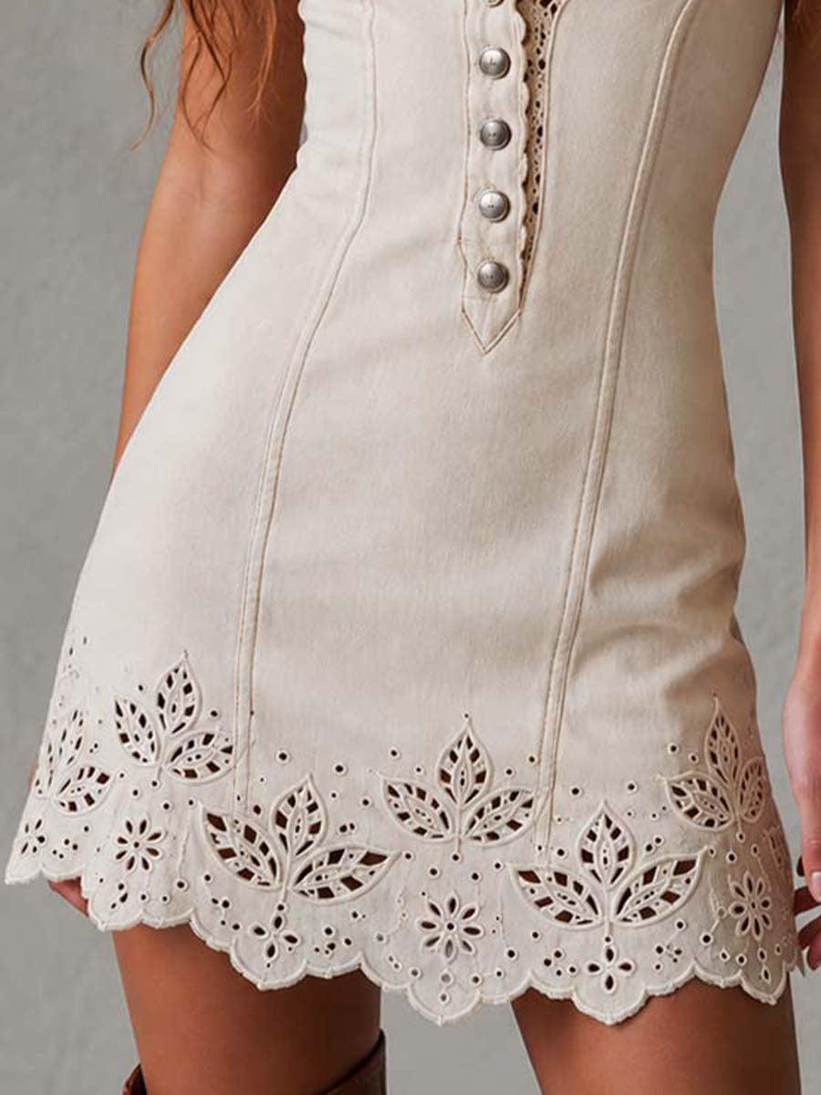 Gabrielle | Vestido Mini de Encaje Calado Marfil con Escote en V