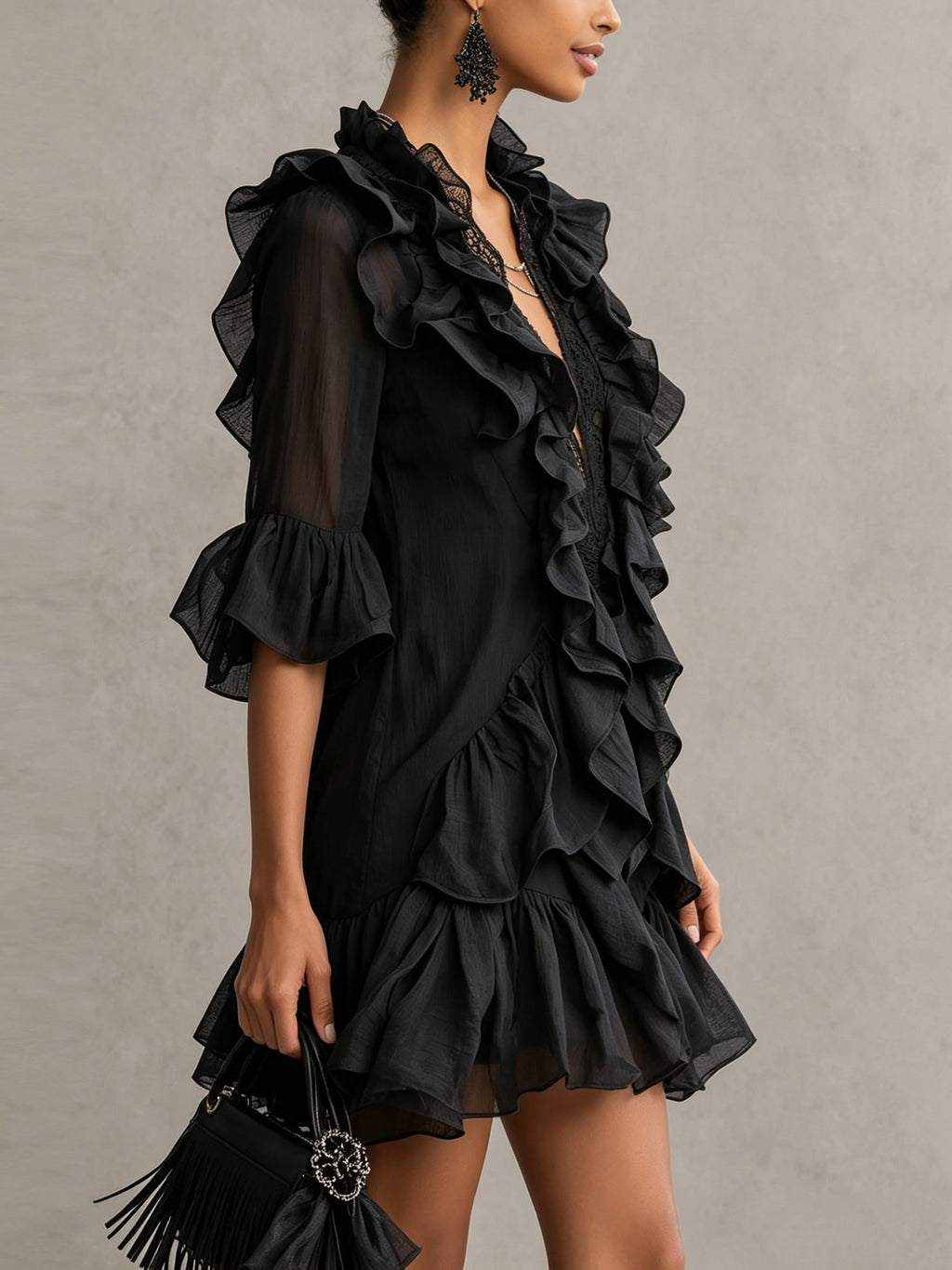 Anaïs | Vestido Mini Negro de Muselina con Volantes