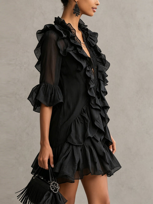Anaïs | Vestido Mini Negro de Muselina con Volantes