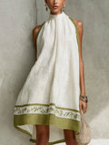 Agathe | Vestido Mini Trapecio Blanco sin Mangas con Ribete Verde Oliva y Flores