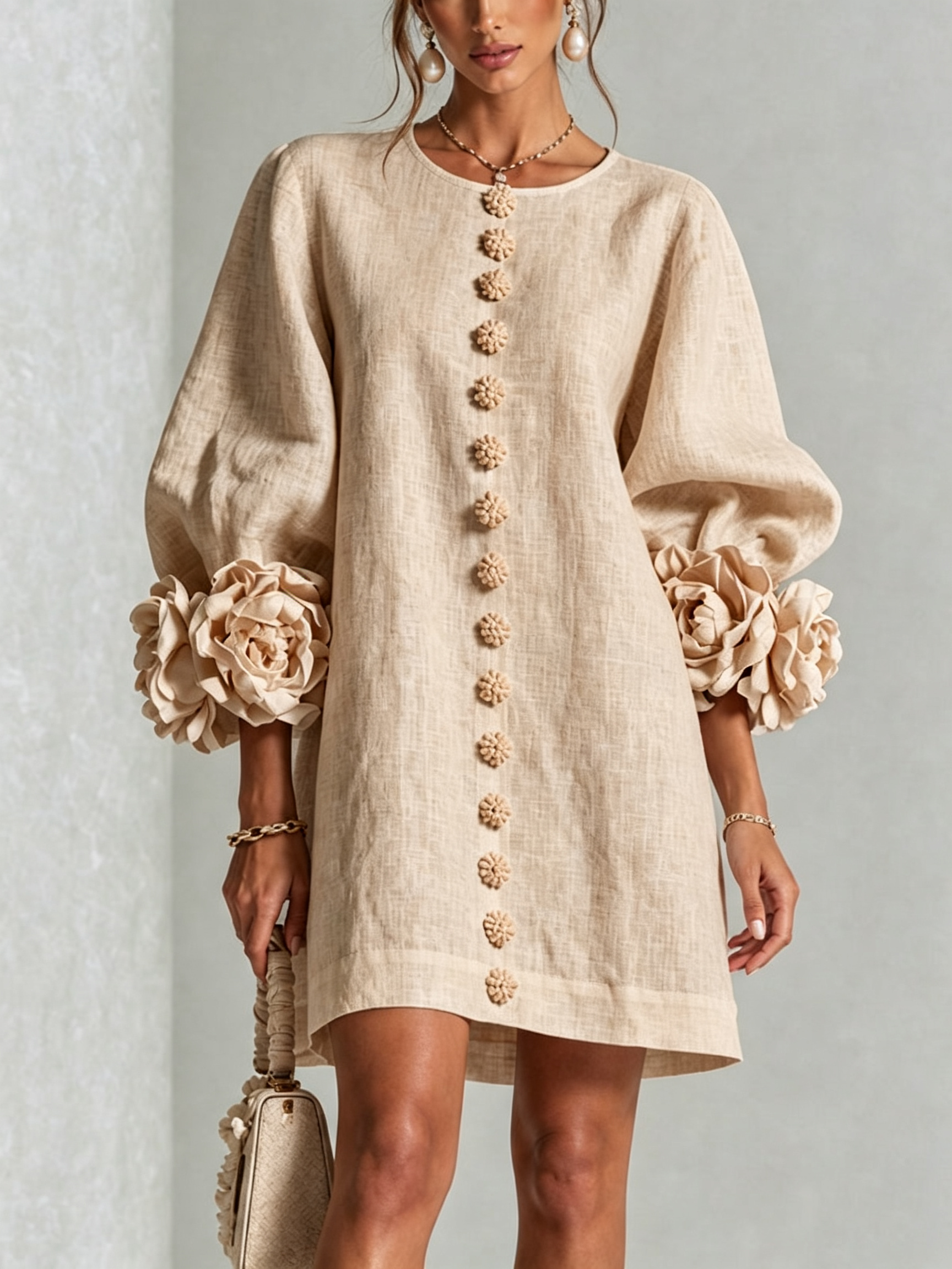 Imani | Mini Vestido de Mezcla de Lino Texturizado - Beige