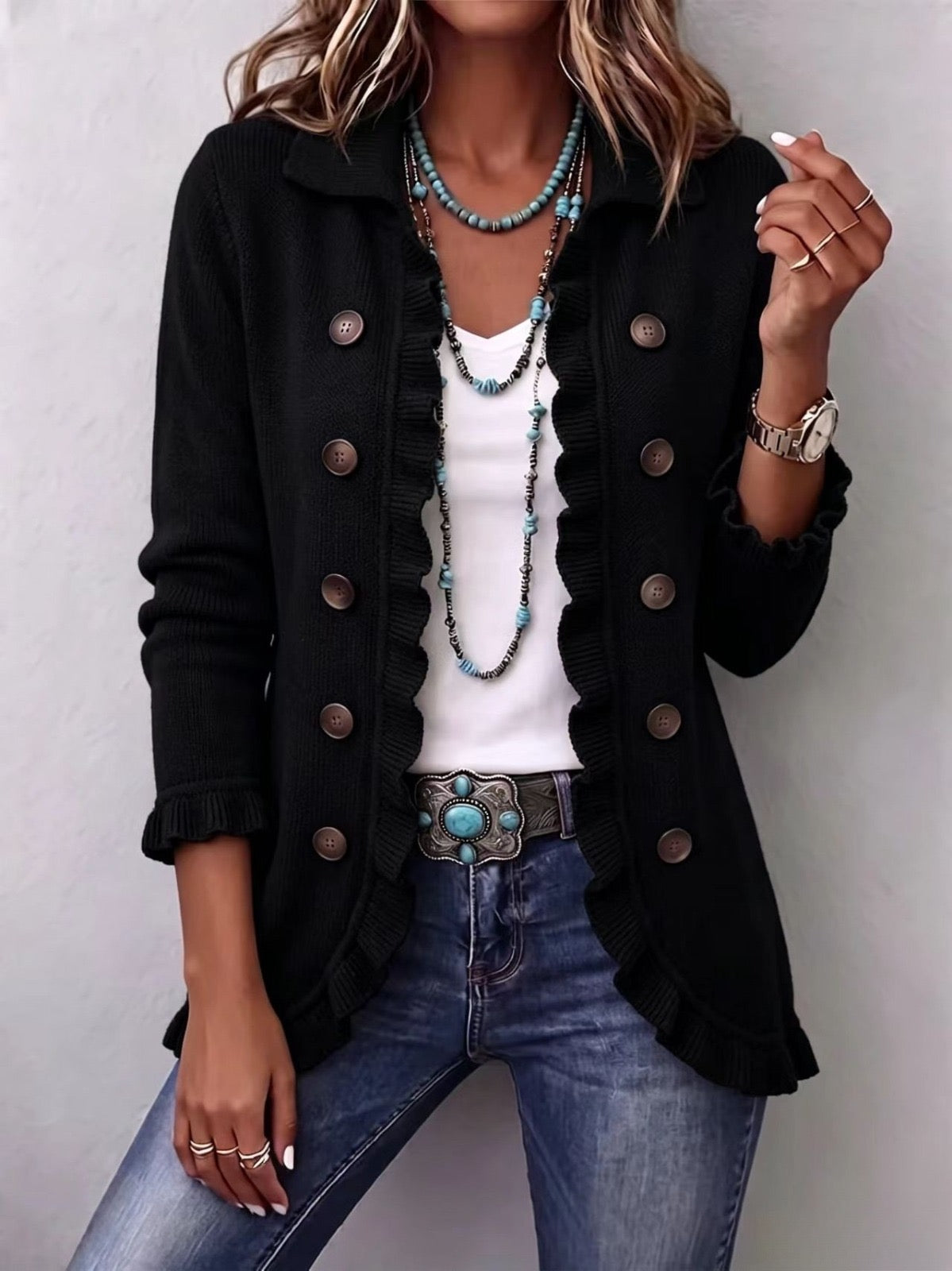Zélie | Chaqueta de Punto Canalé Negro Intenso con Volantes