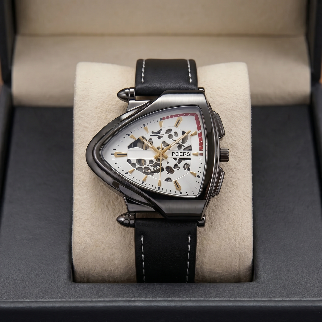 Solstice | Reloj triangular de piel con esfera esqueletizada