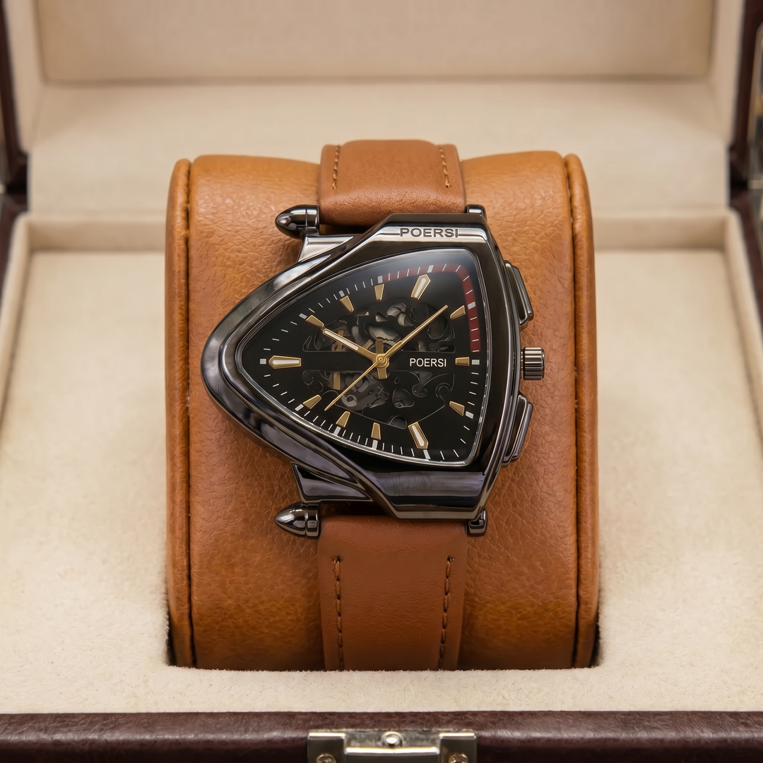 Solstice | Reloj triangular de piel con esfera esqueletizada