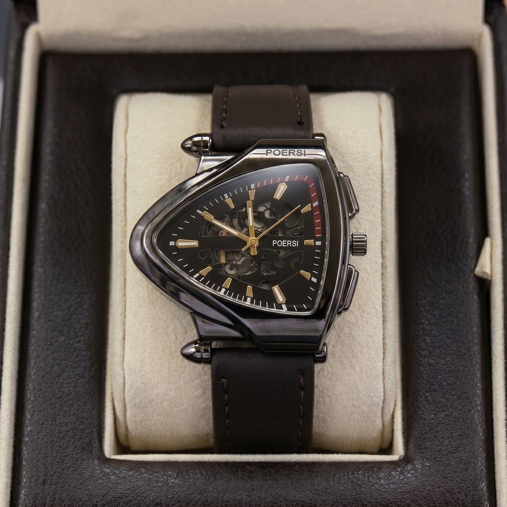 Solstice | Reloj triangular de piel con esfera esqueletizada