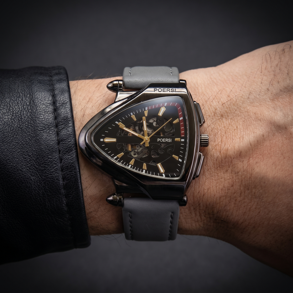 Solstice | Reloj triangular de piel con esfera esqueletizada