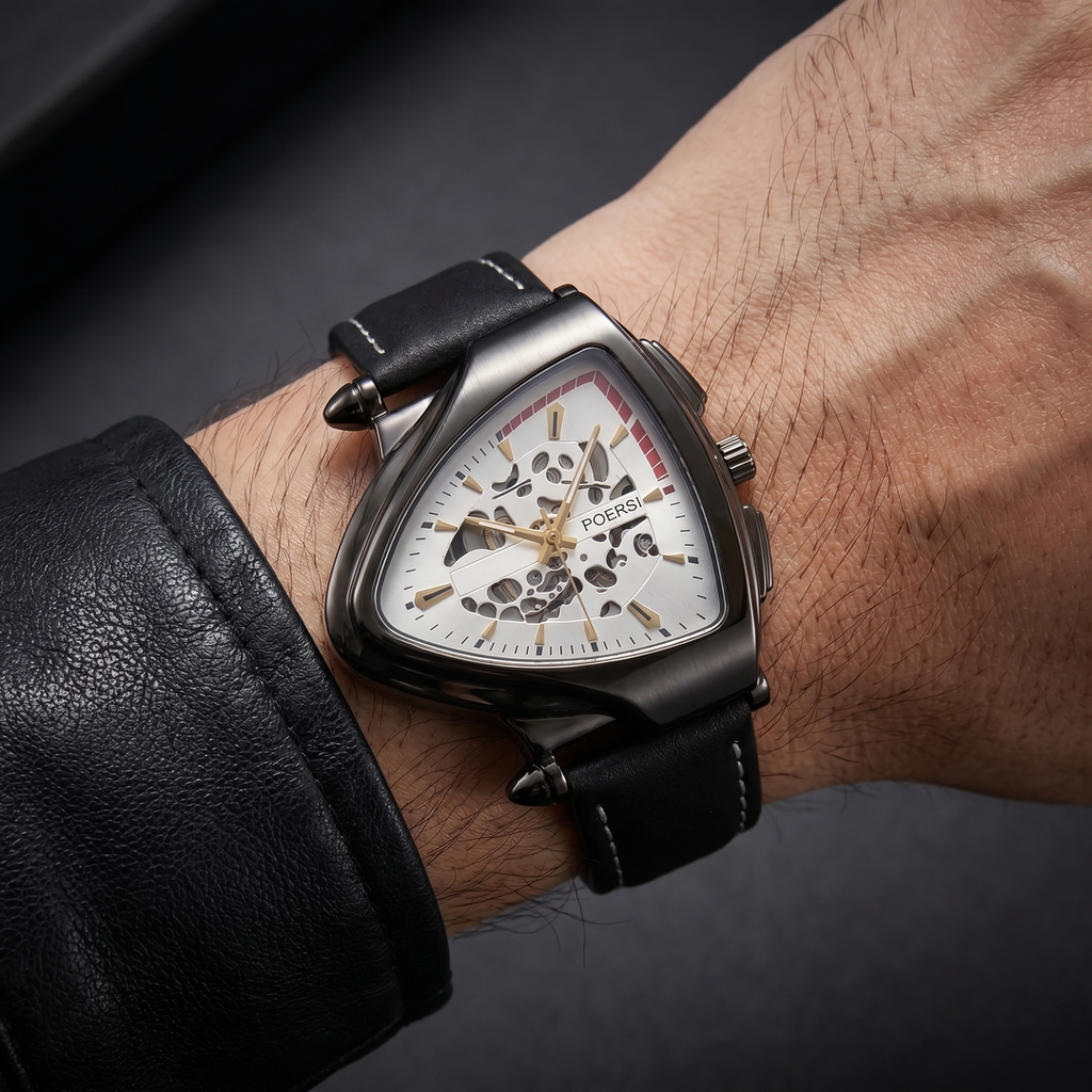 Solstice | Reloj triangular de piel con esfera esqueletizada