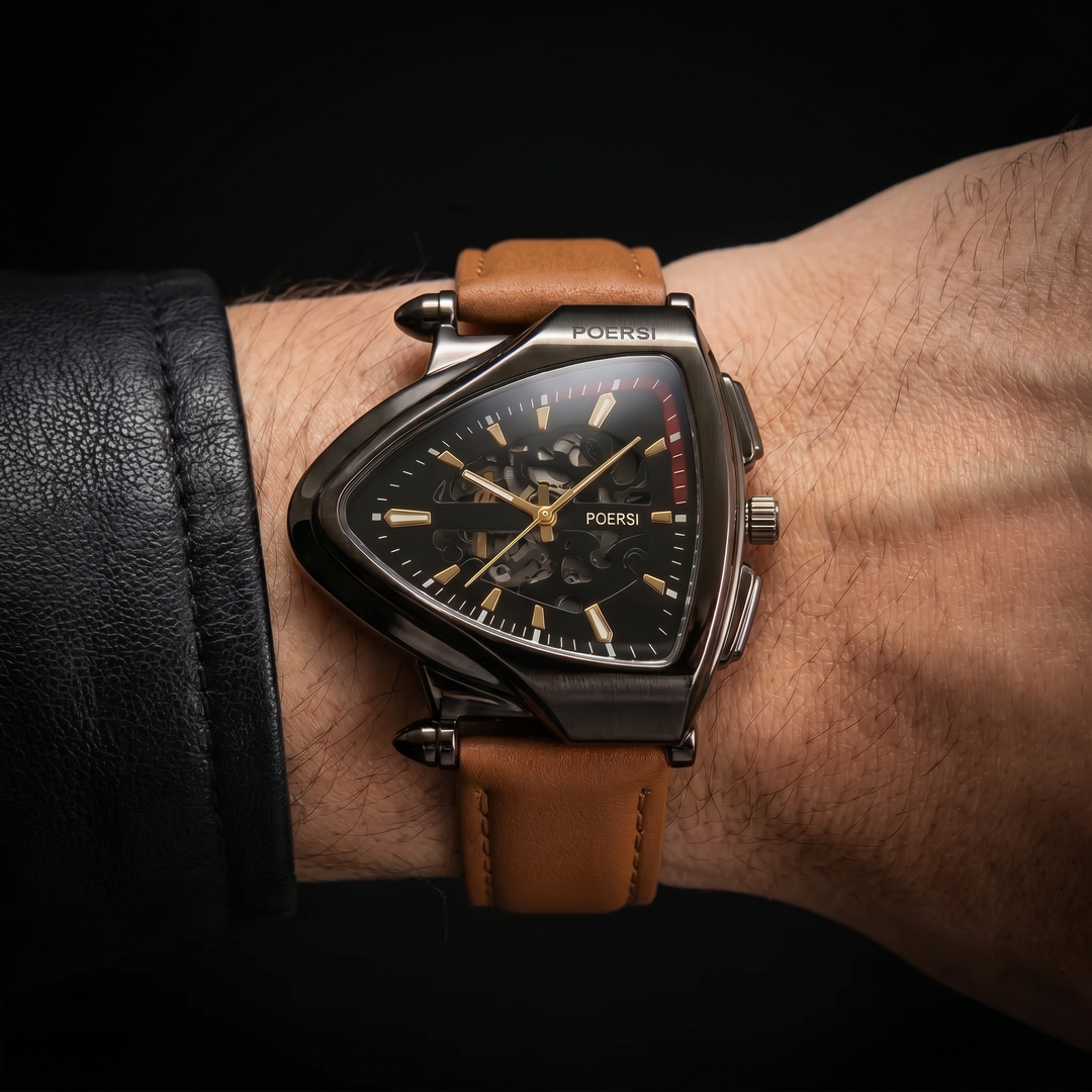 Solstice | Reloj triangular de piel con esfera esqueletizada