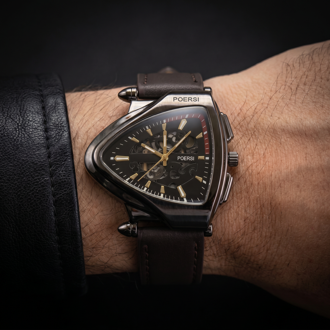 Solstice | Reloj triangular de piel con esfera esqueletizada