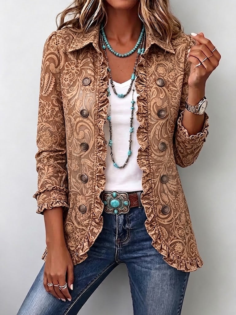 Noémie – Chaqueta Bohemia Floral Vintage en Marrón con Volantes