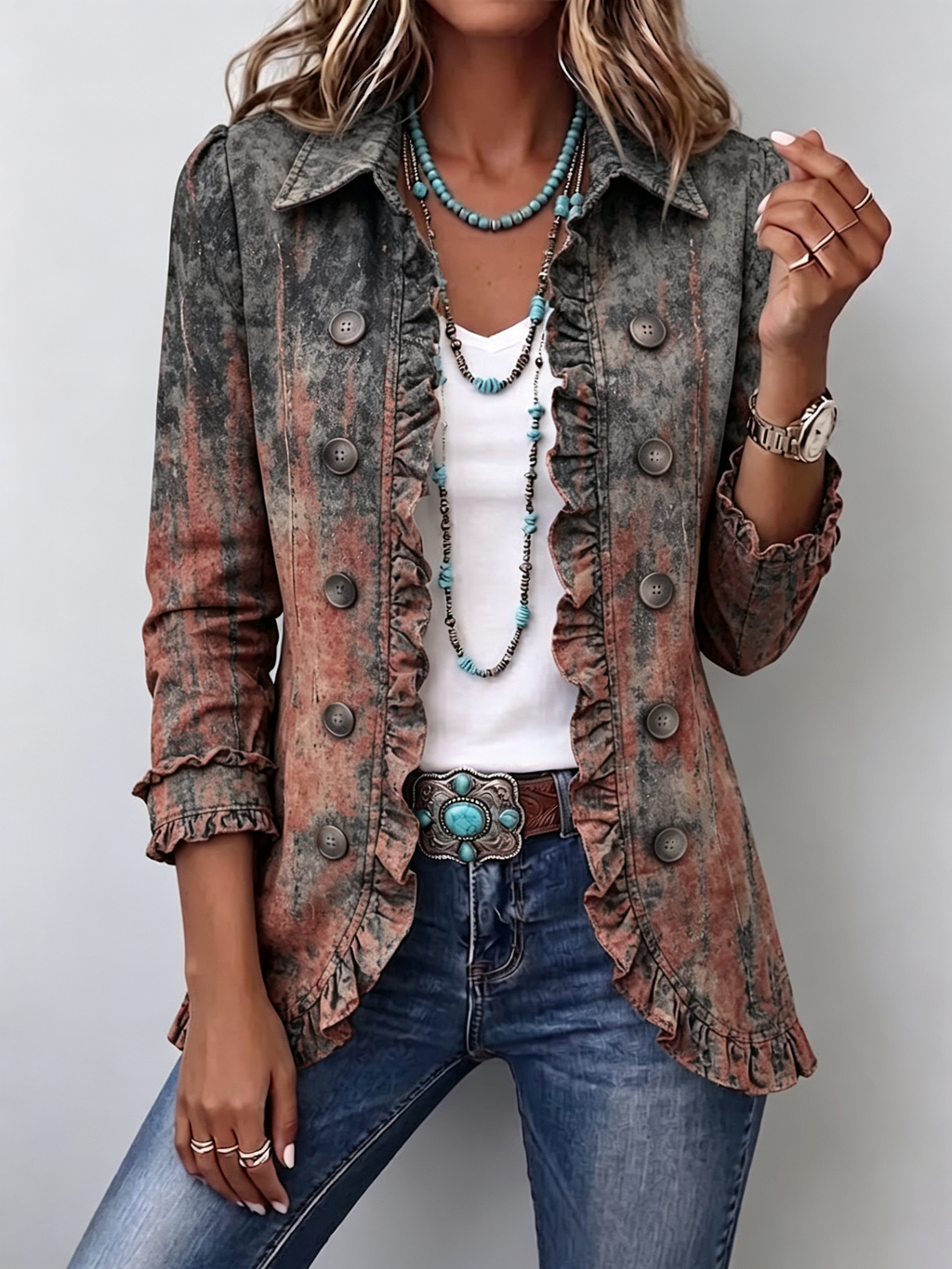 Flavie | Chaqueta Vintage Degradada Texturizada con Volantes