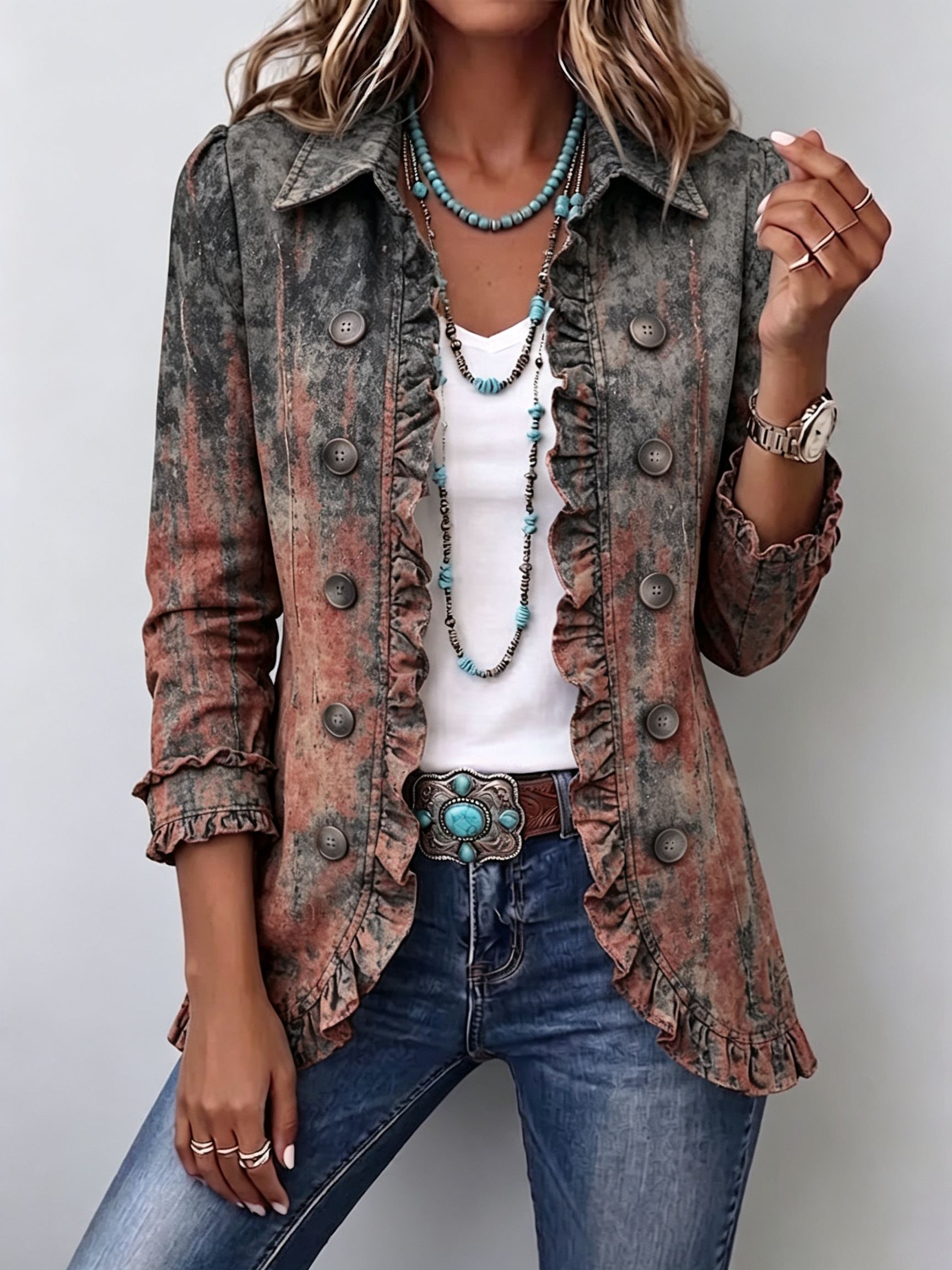 Flavie | Chaqueta Vintage Degradada Texturizada con Volantes