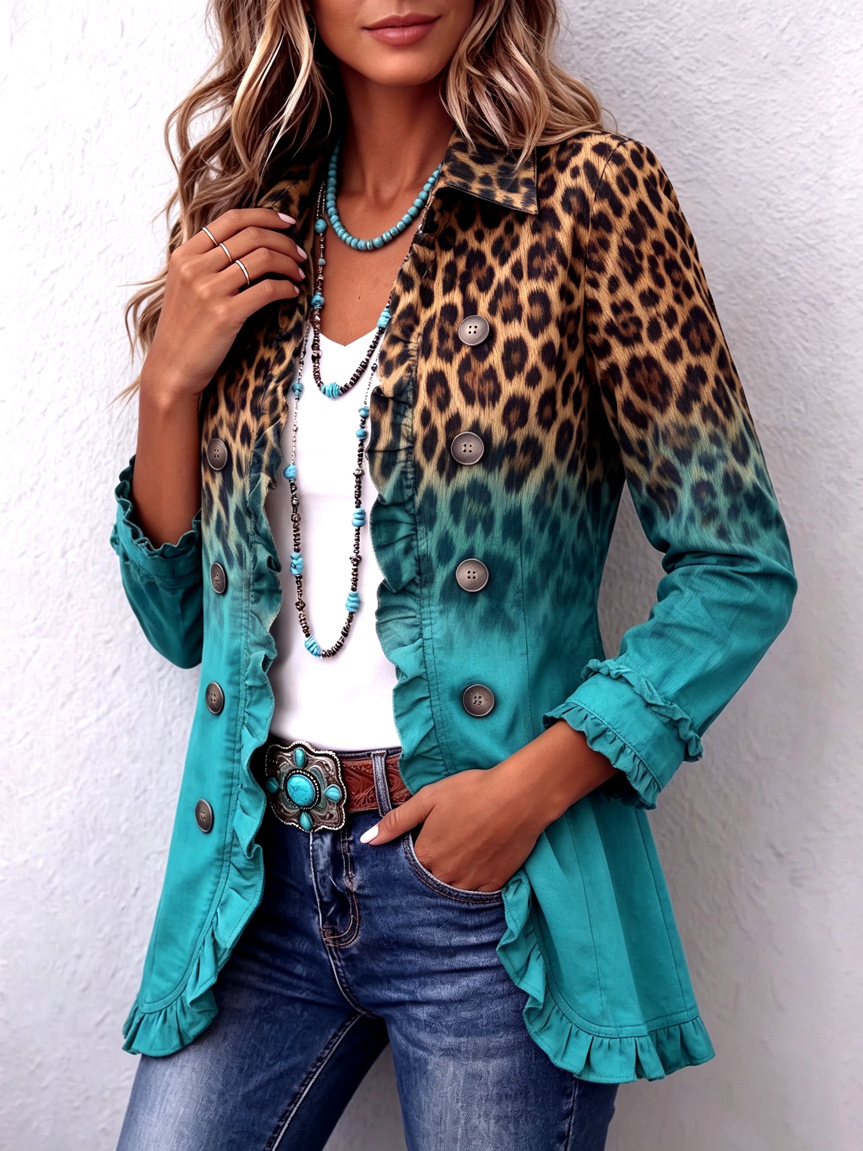 Béatrice | Blazer Leopardo Degradado Turquesa con Volantes