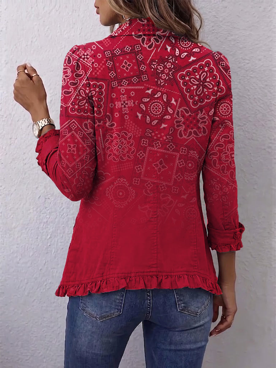 Gaëlle — Chaqueta Bohemia Paisley Degradada Roja con Volantes