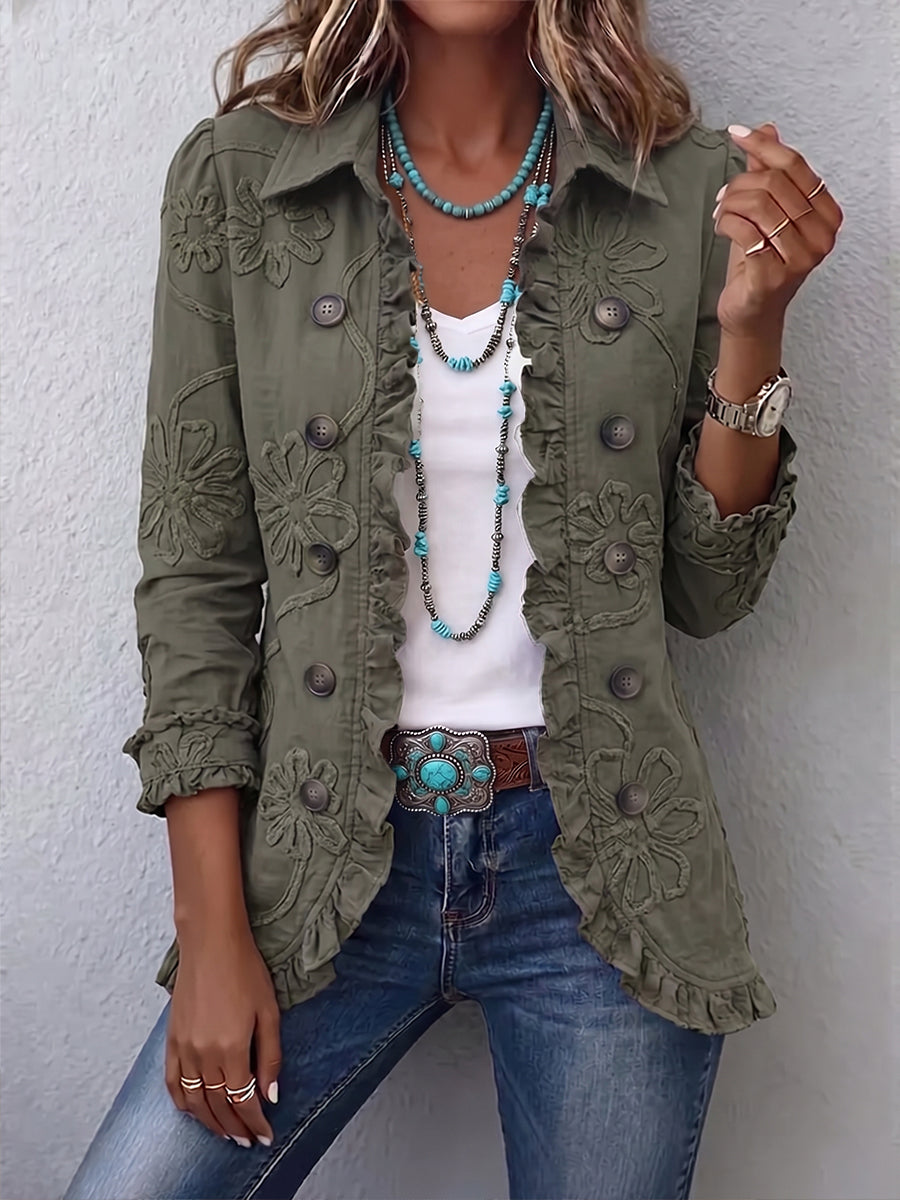 Alexandrine | Chaqueta Bohemia Chic Bordada de Flores Verde Retro con Acabados Fruncidos