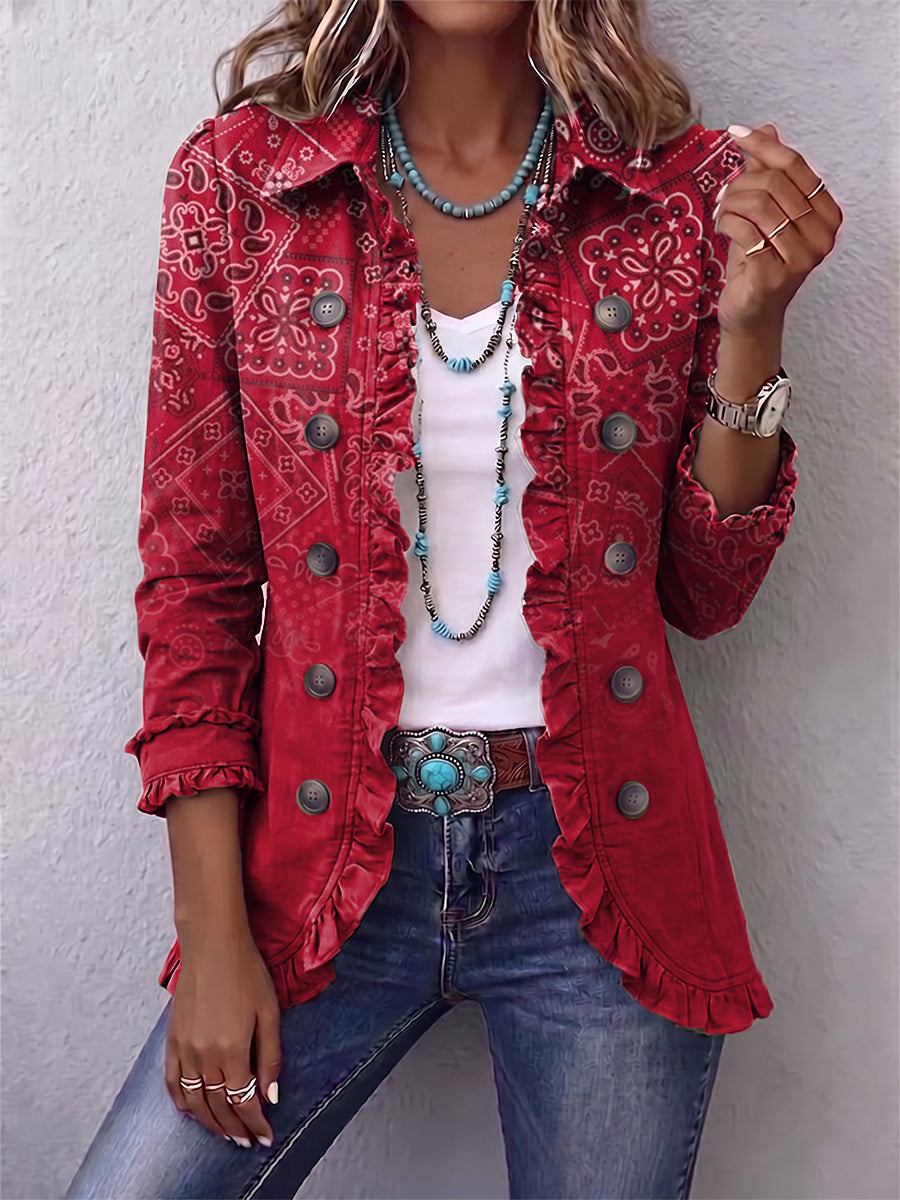 Gaëlle — Chaqueta Bohemia Paisley Degradada Roja con Volantes