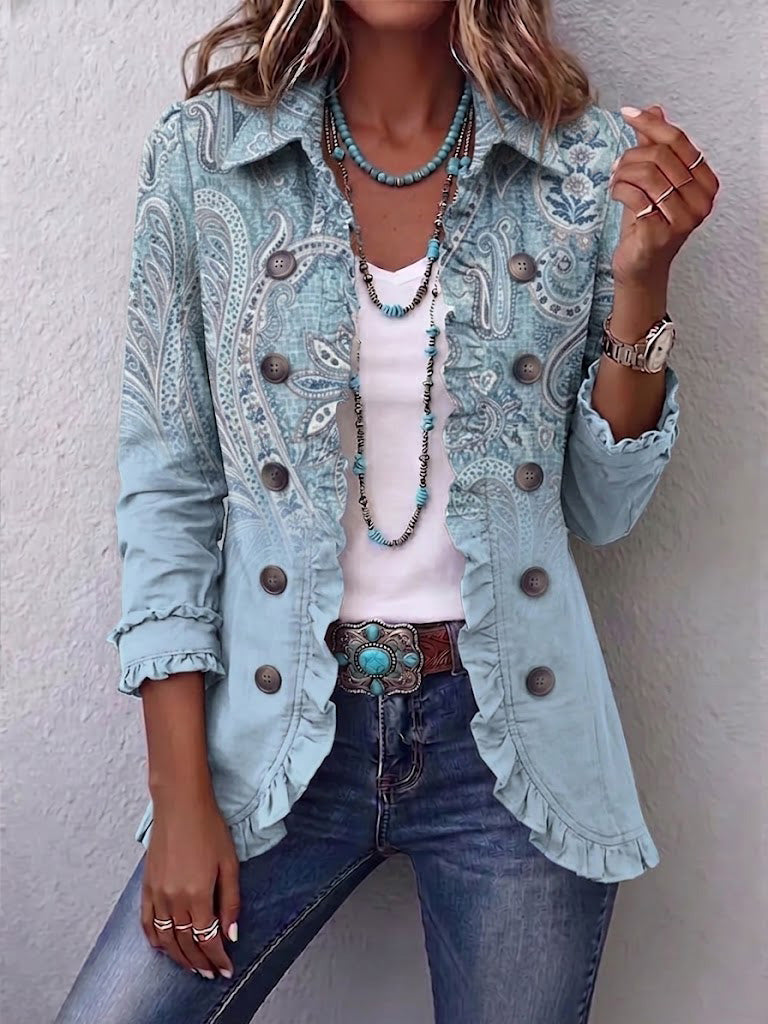 Émilie | Chaqueta Paisley Vintage Azul Cielo con Volantes