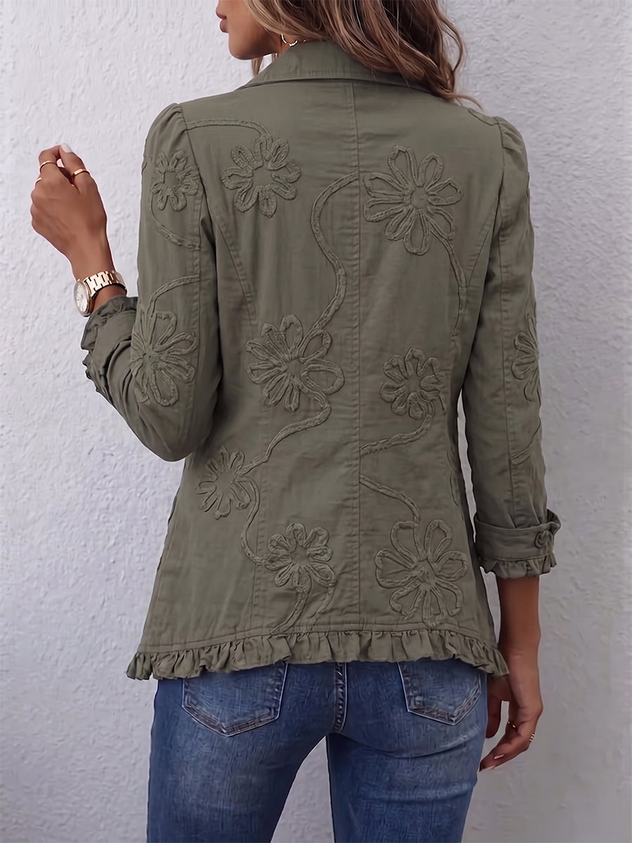 Alexandrine | Chaqueta Bohemia Chic Bordada de Flores Verde Retro con Acabados Fruncidos