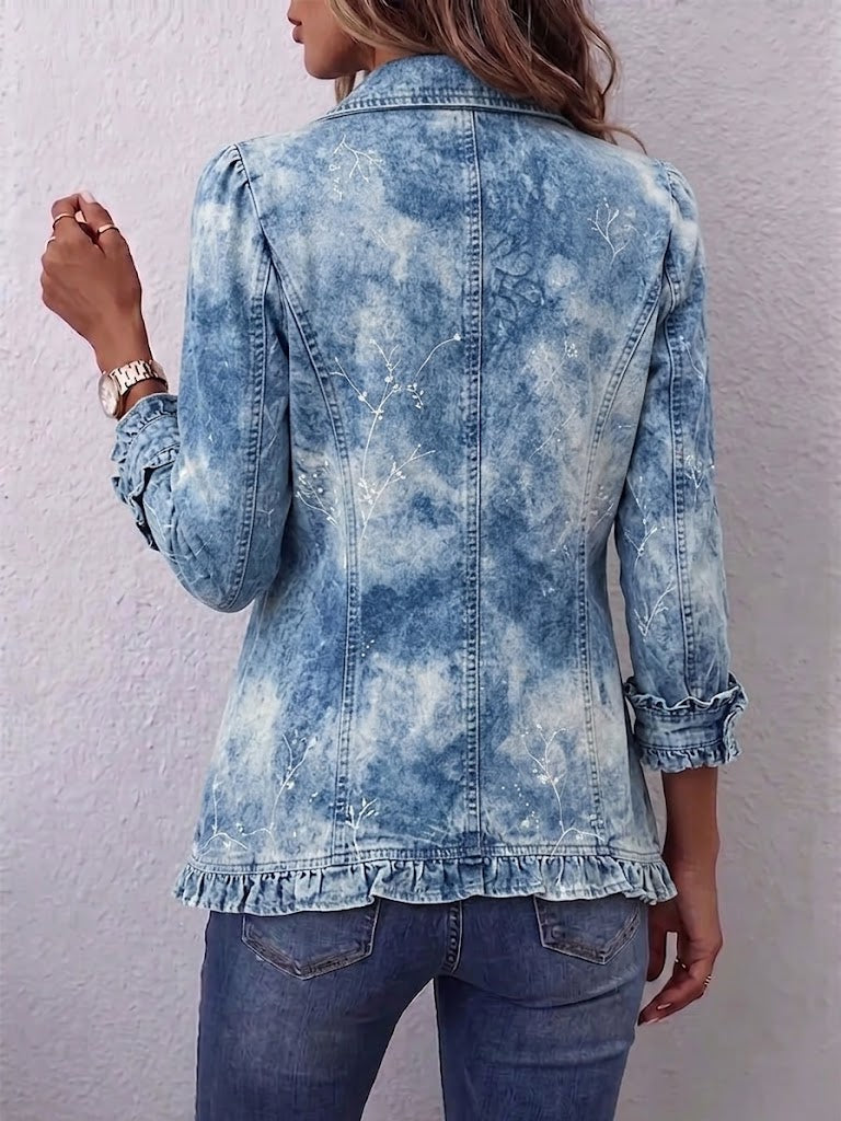 Guenièvre — Chaqueta Bohemia Botánica Vintage Degradada Azul con Volantes