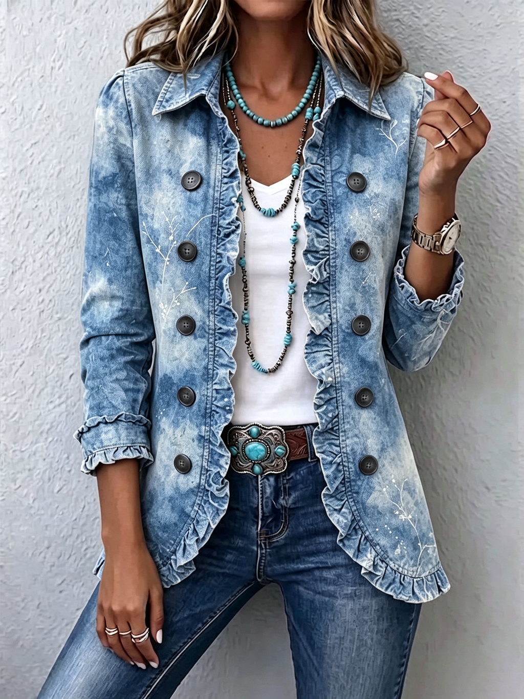 Guenièvre — Chaqueta Bohemia Botánica Vintage Degradada Azul con Volantes