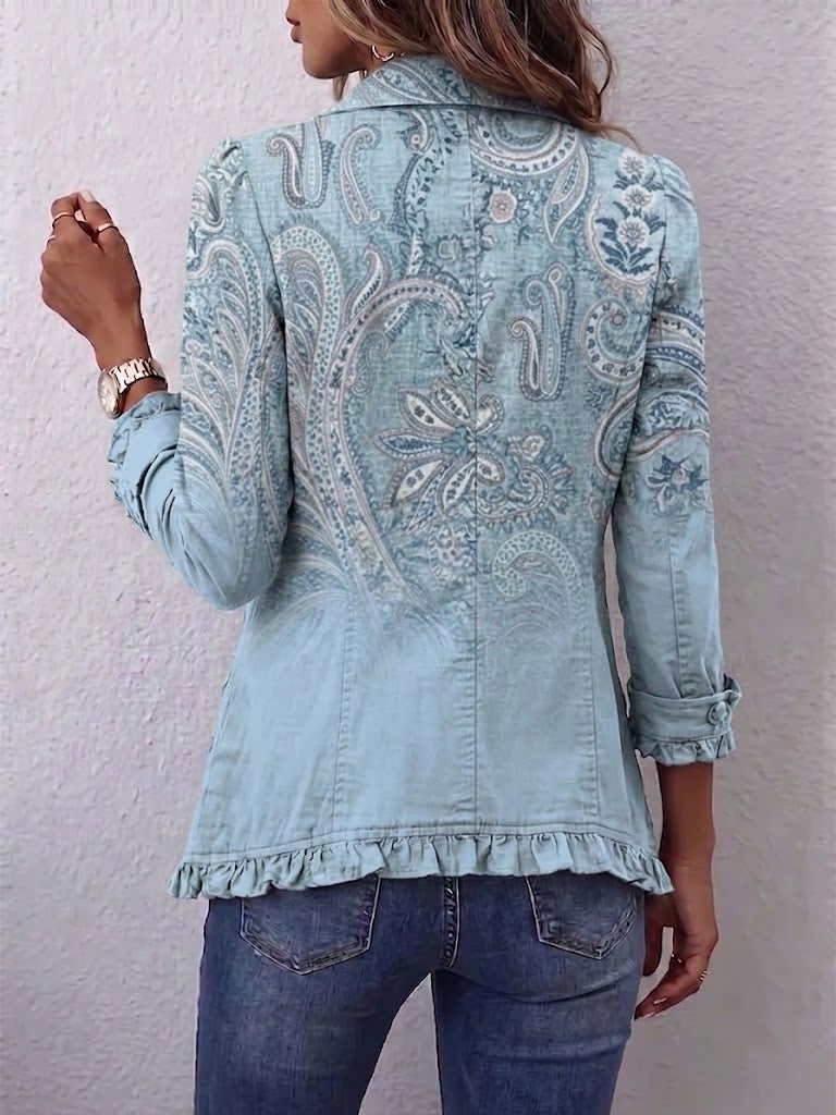 Émilie | Chaqueta Paisley Vintage Azul Cielo con Volantes