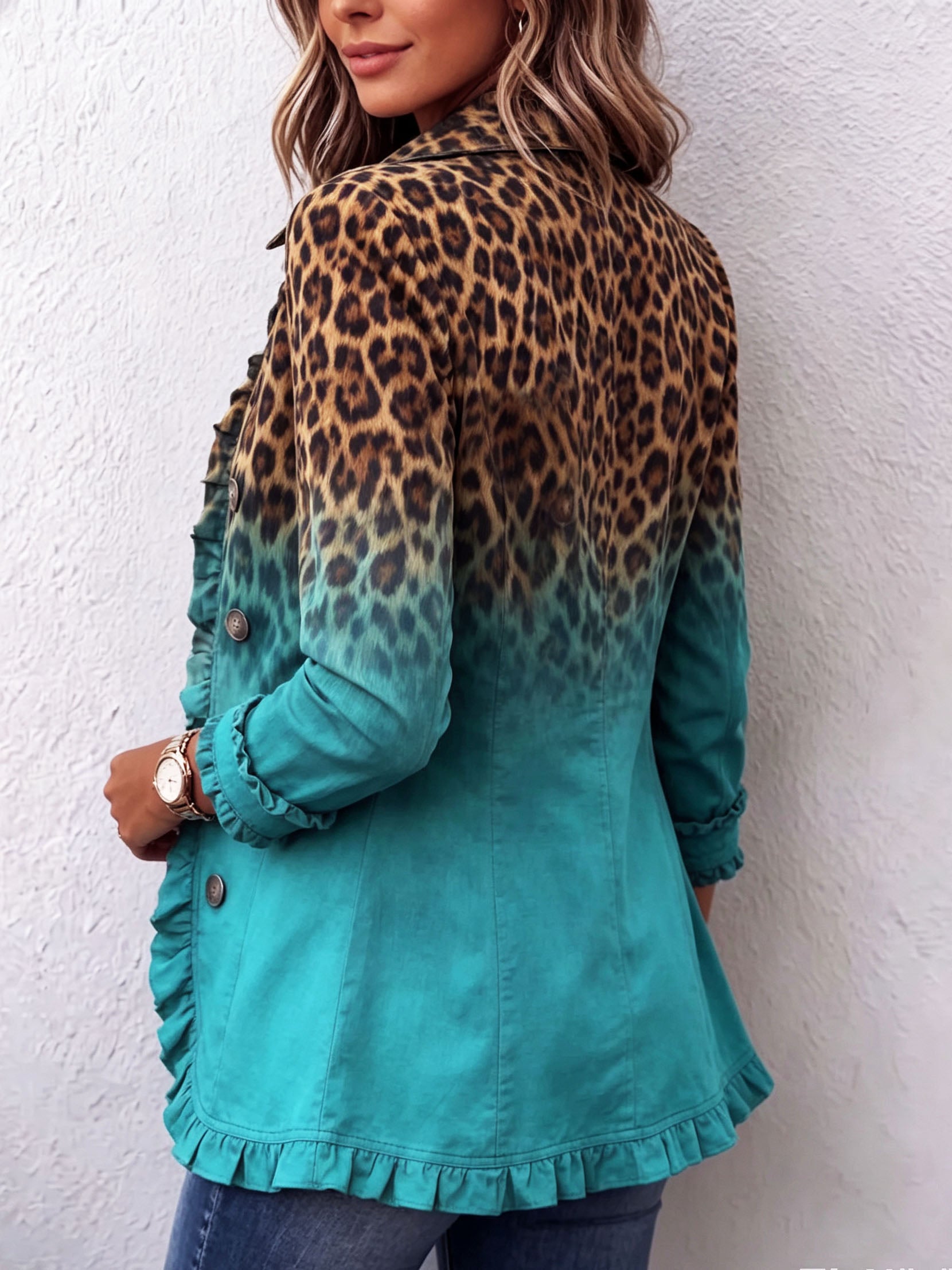 Béatrice | Blazer Leopardo Degradado Turquesa con Volantes