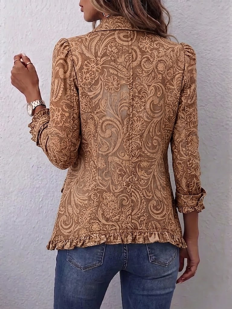 Noémie – Chaqueta Bohemia Floral Vintage en Marrón con Volantes