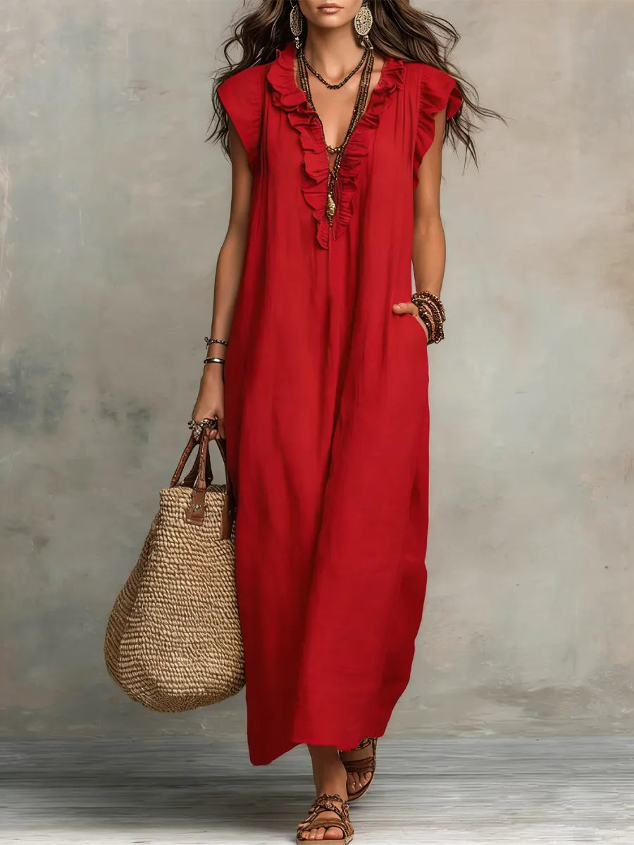 Evelyn | Vestido Largo de Lino y Algodón - Rojo