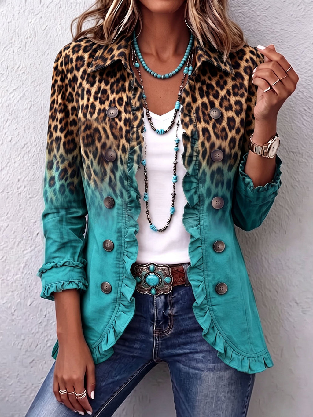 Béatrice | Blazer Leopardo Degradado Turquesa con Volantes