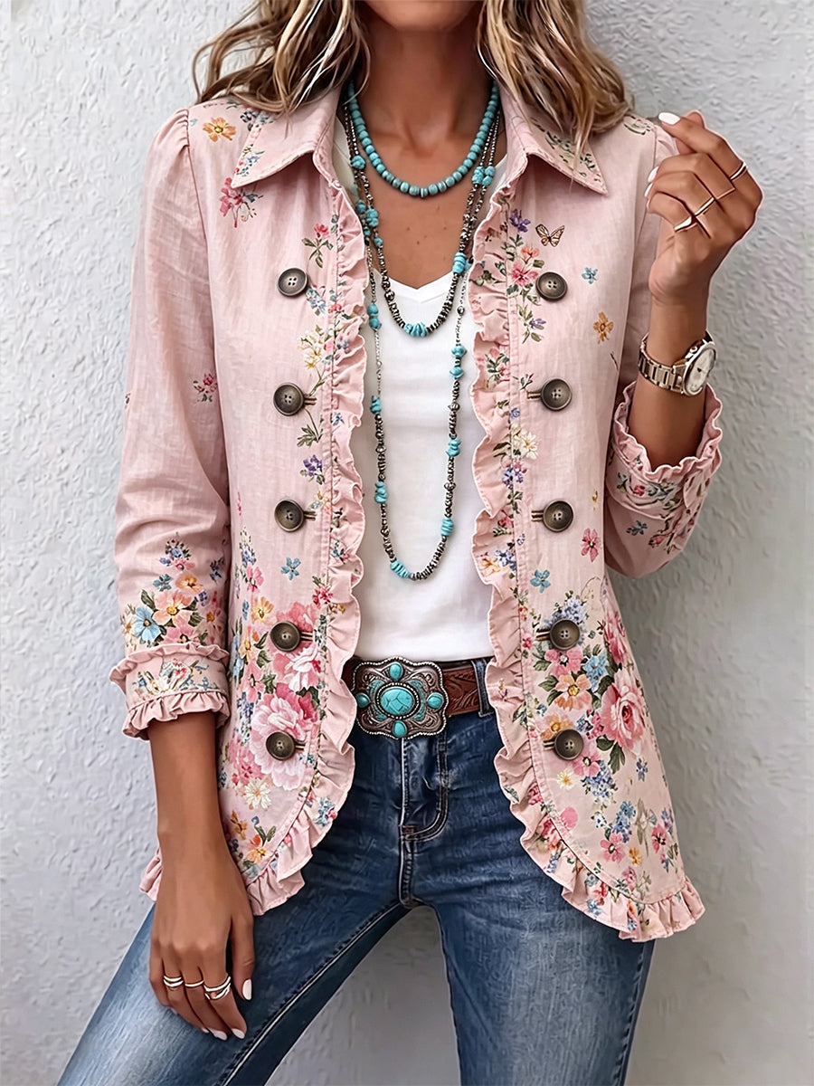 Martine | Chaqueta Floral Rosa con Volantes y Botones