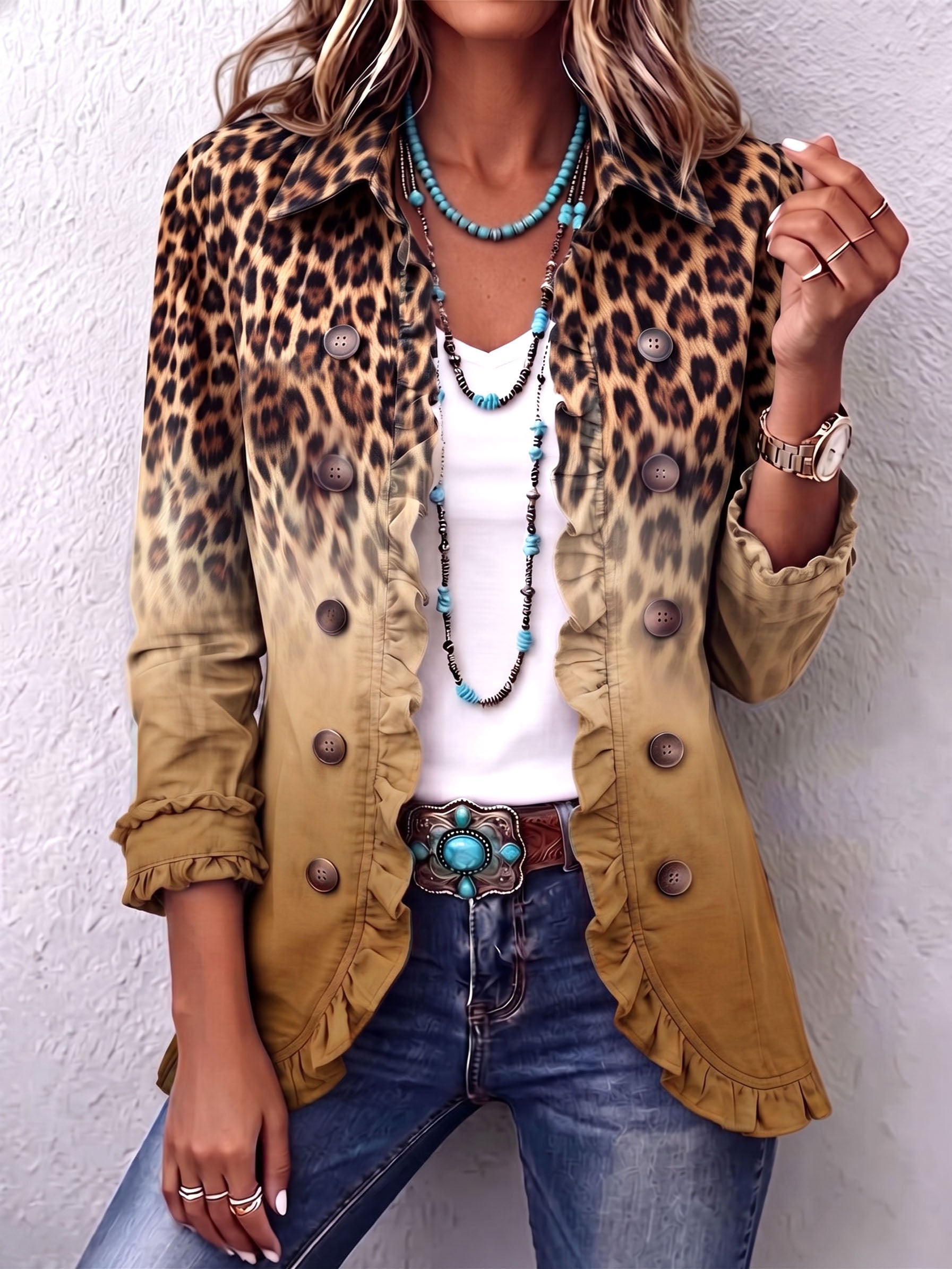 Paule – Blazer Leopardo Degradado en Ocre con Volantes