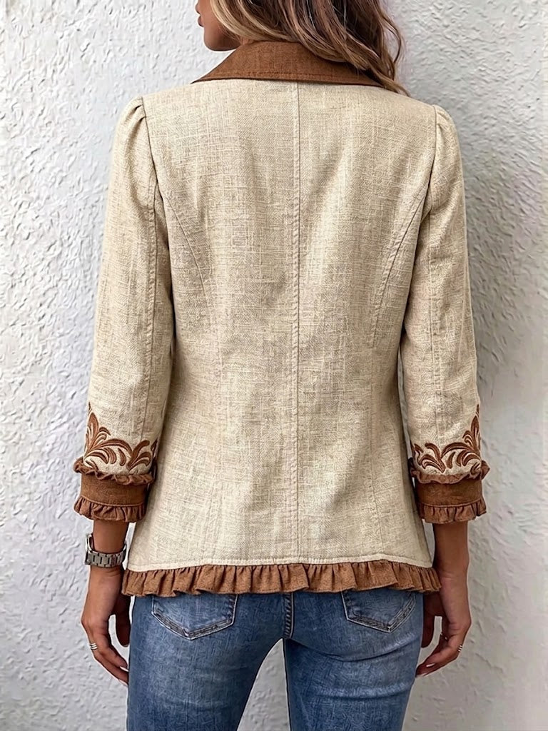 Octavie – Chaqueta Bohemia Floral Vintage en Camel y Marrón con Volantes