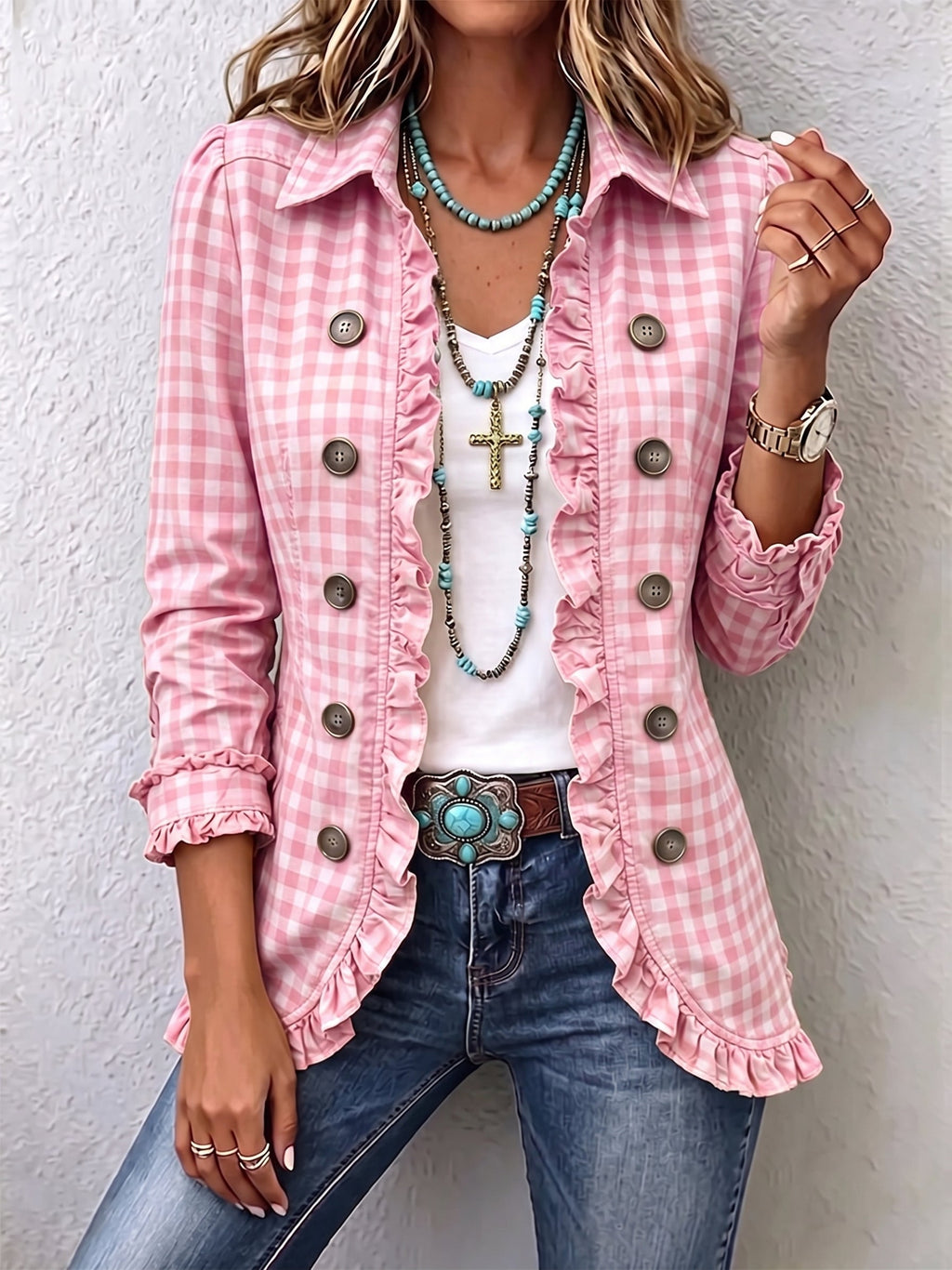 Julie | Chaqueta de Cuadros Vichy con Volantes y Botones