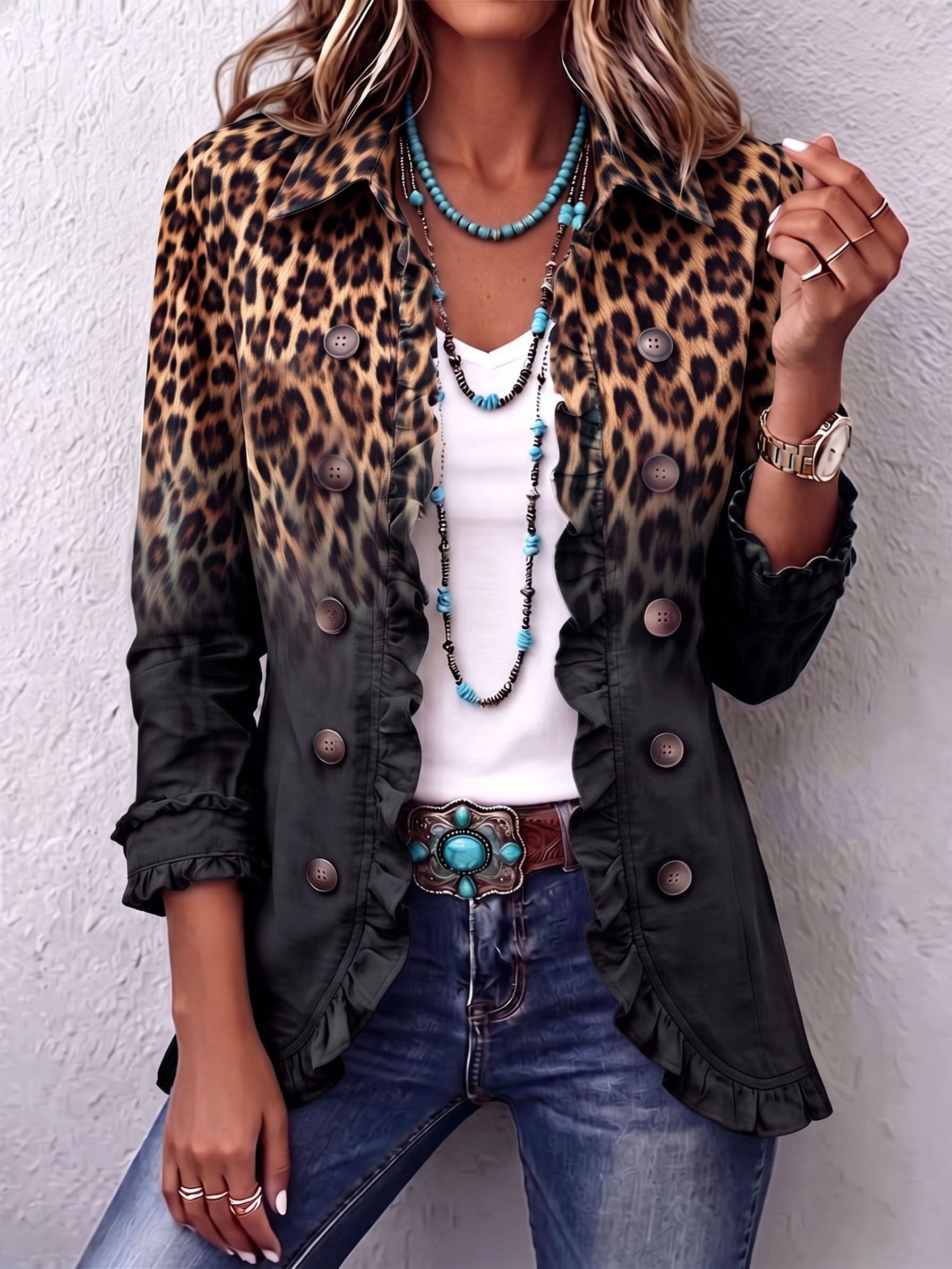 Valentine – Blazer Leopardo Degradado en Antracita con Volantes