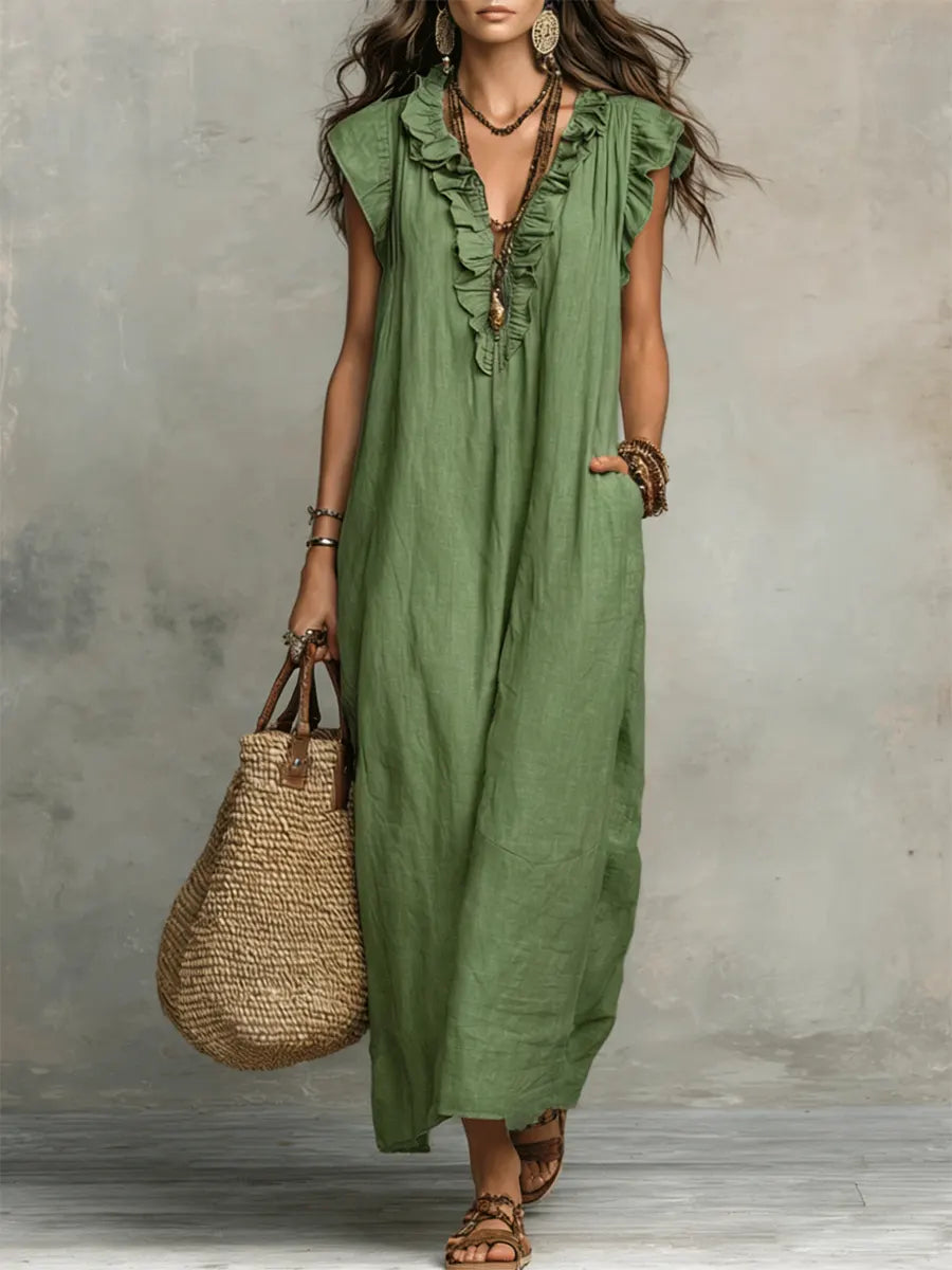 Evelyn | Vestido Largo de Lino y Algodón - Verde