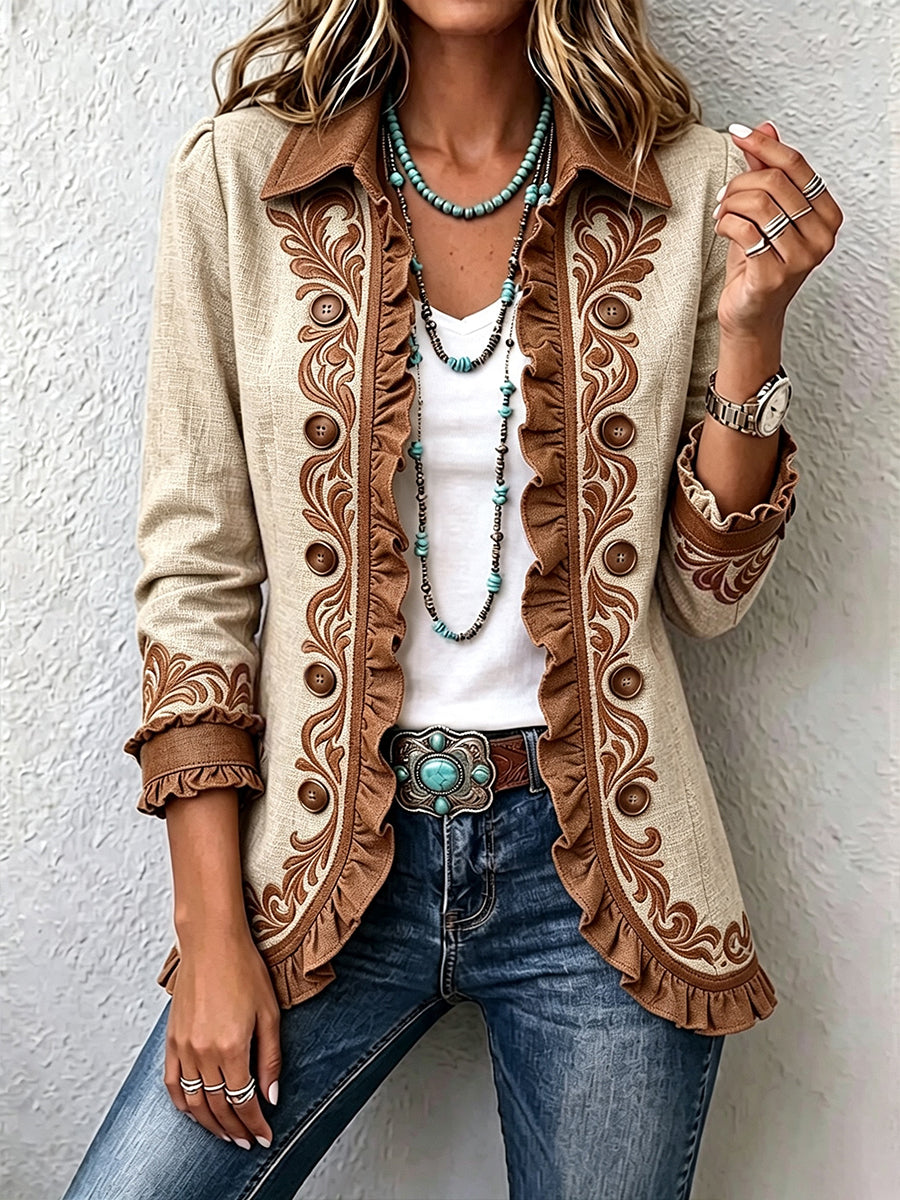 Octavie – Chaqueta Bohemia Floral Vintage en Camel y Marrón con Volantes